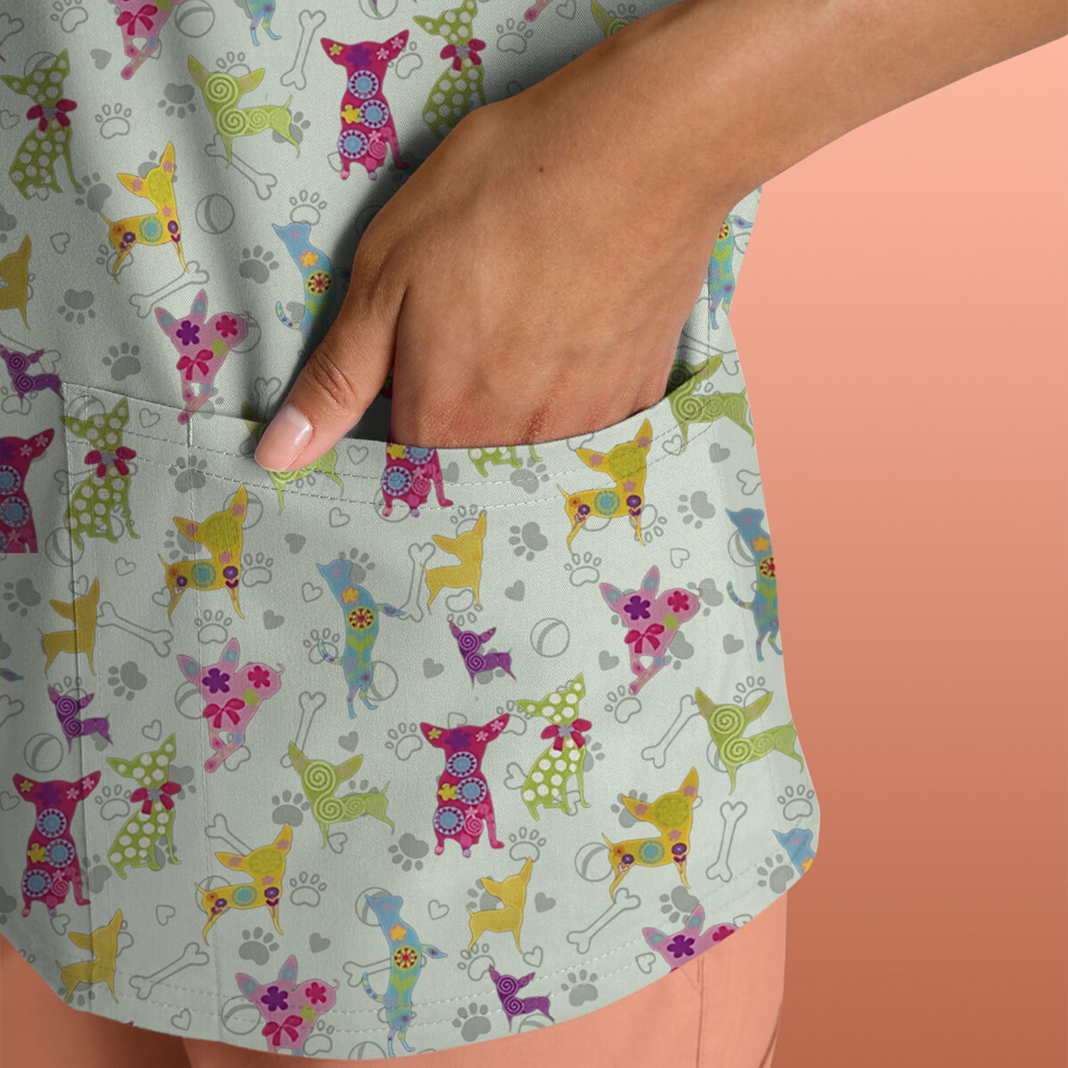Colorful Playful Dog Print Nurse Scrub Top, Comfortable Scrubs for Nurses