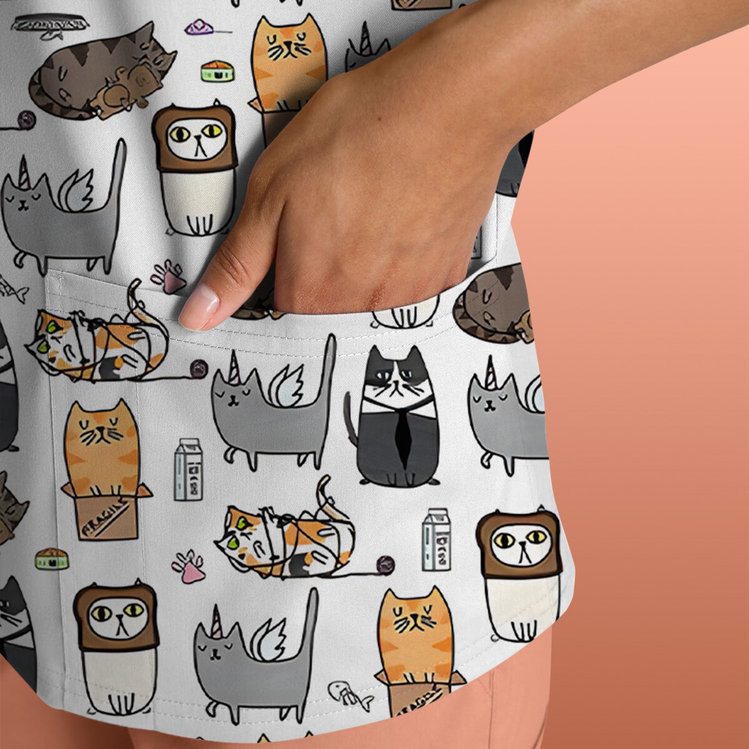 Lazy Cat Doodle Pattern Scrub Top, All Over Cozy Kitty Nursing Uniform for Women