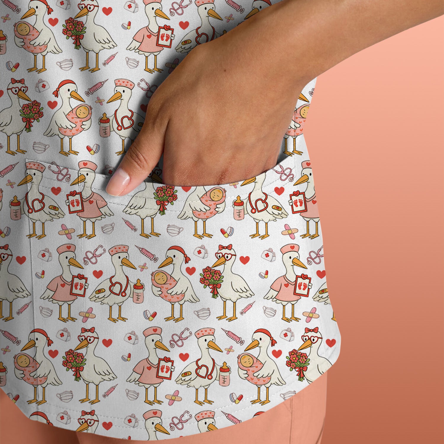 Cute Goose Nurse Valentine Pattern Scrub Top, Breathable Fabrics Nursing Uniform