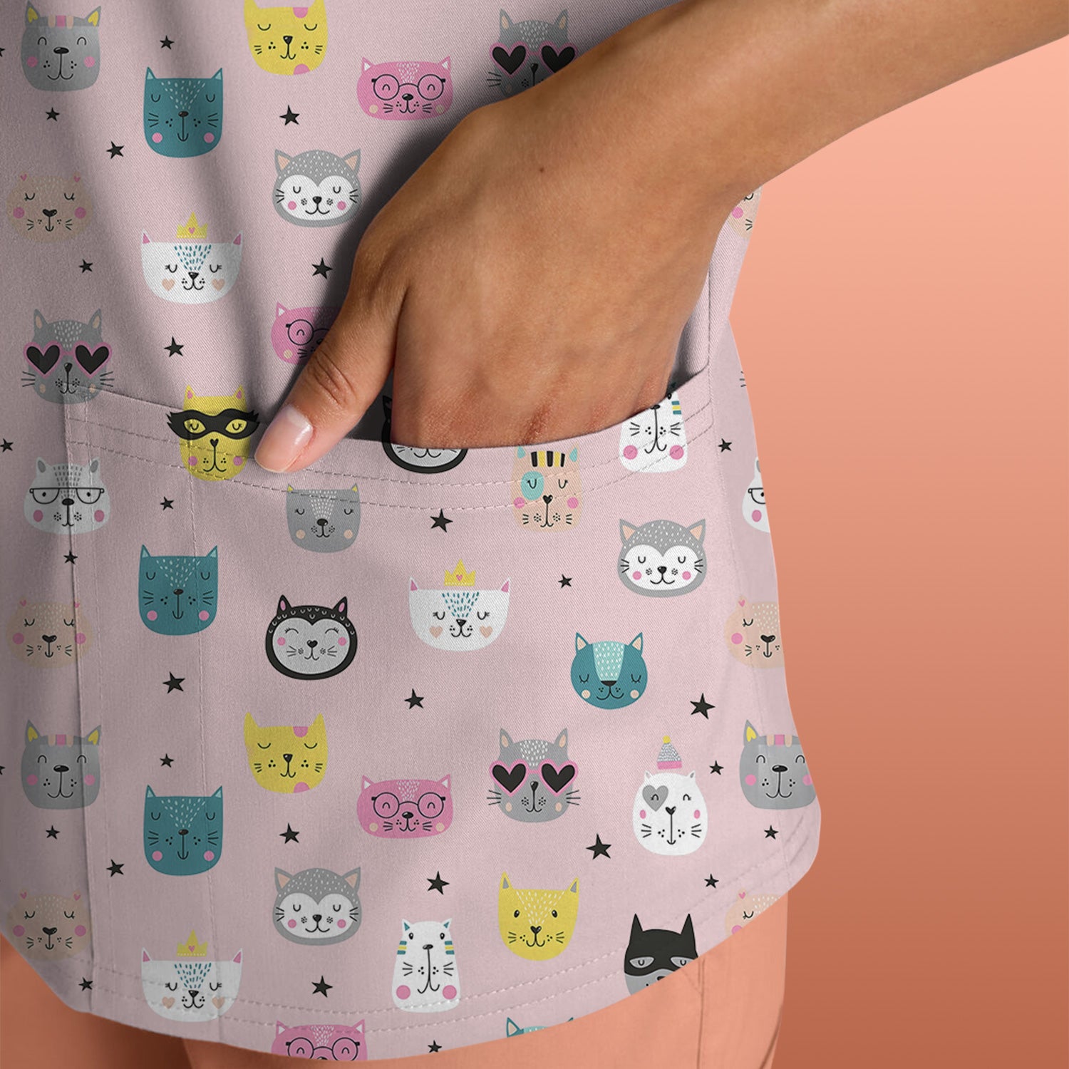 Cute Colorful Cat Pattern Scrub Top, Comfortable Scrubs for Nurses