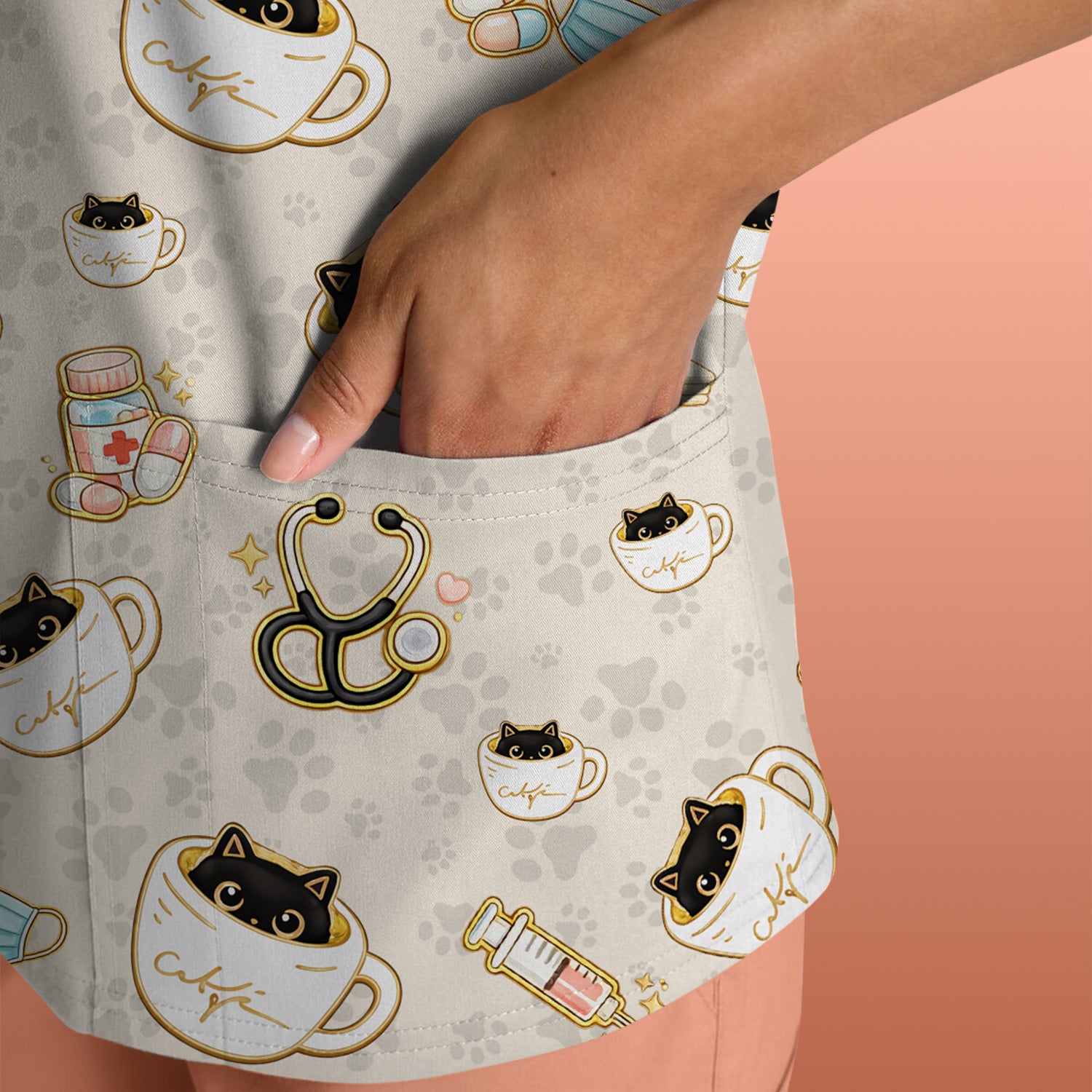 Cute Coffee Cat Medical Print Scrub Top, Breathable Fabrics Nursing Uniform