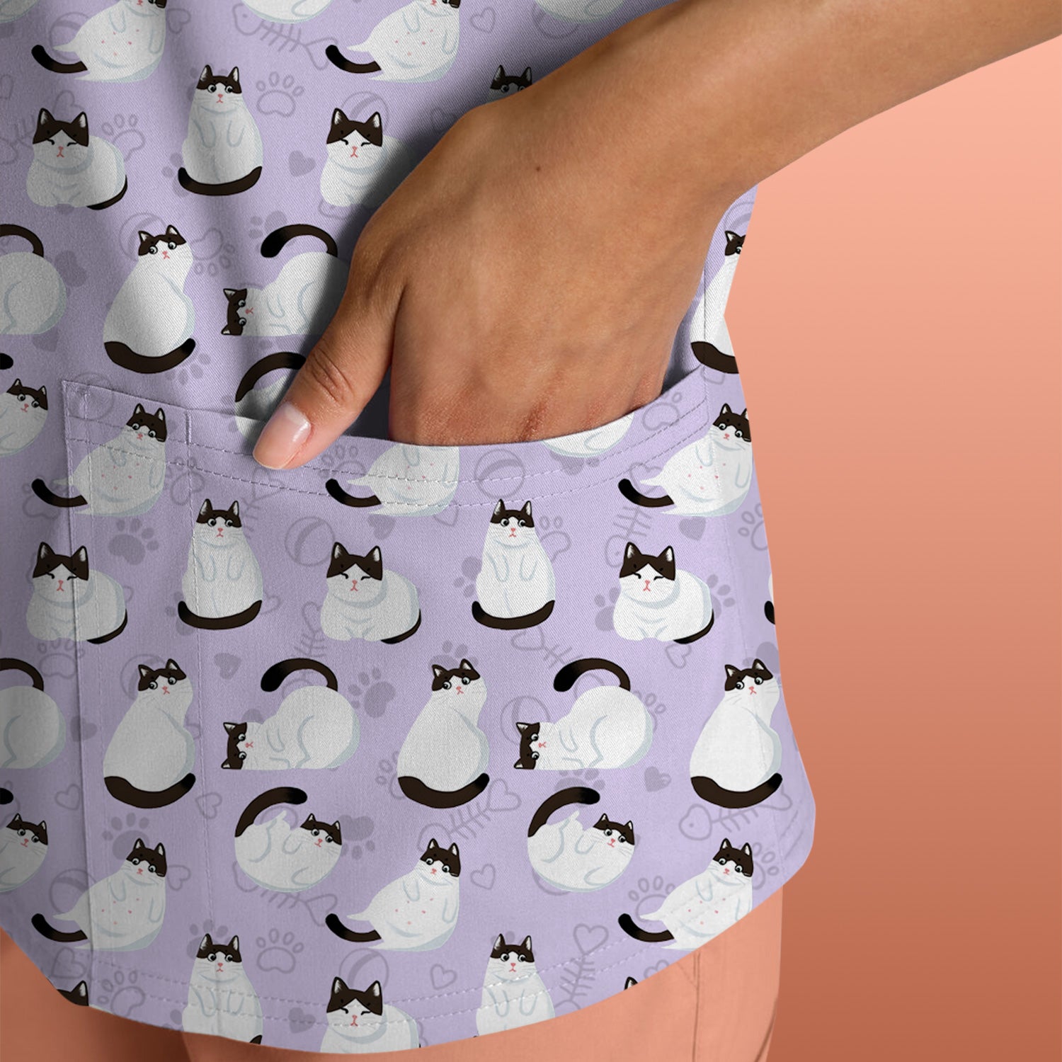 Cute Cat Pattern Medical Scrub Top, Breathable Fabrics Nursing Uniform