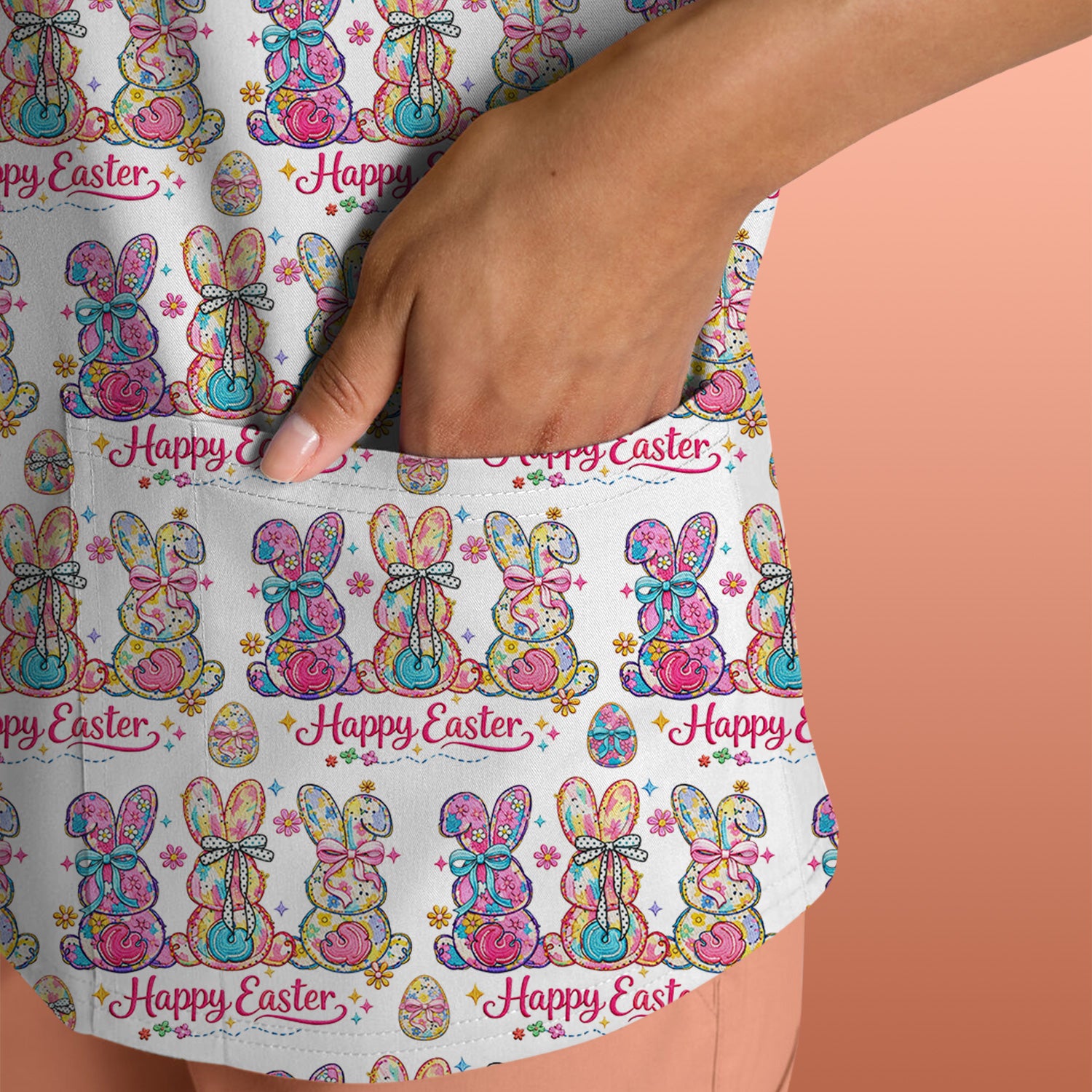Pink Happy Easter Bunny Pattern Scrub Top, Comfortable Scrubs for Nurses