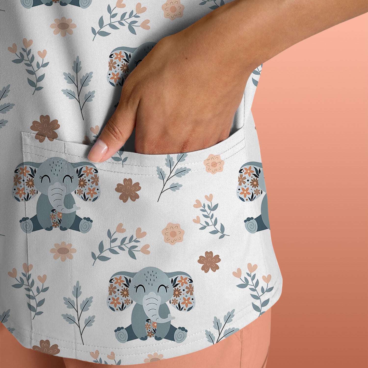 Cute Elephant Floral Print Scrub Top, Comfortable Scrubs for Nurses