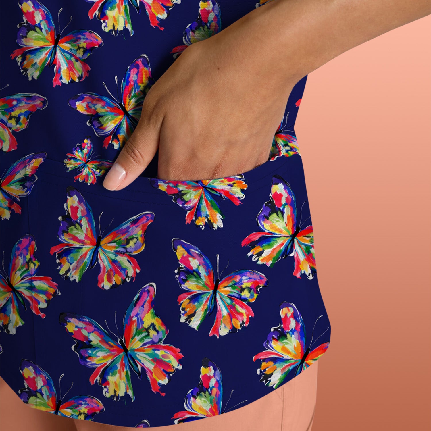 Vibrant Rainbow Butterfly Pattern Scrub Top, Comfortable Scrubs for Nurses