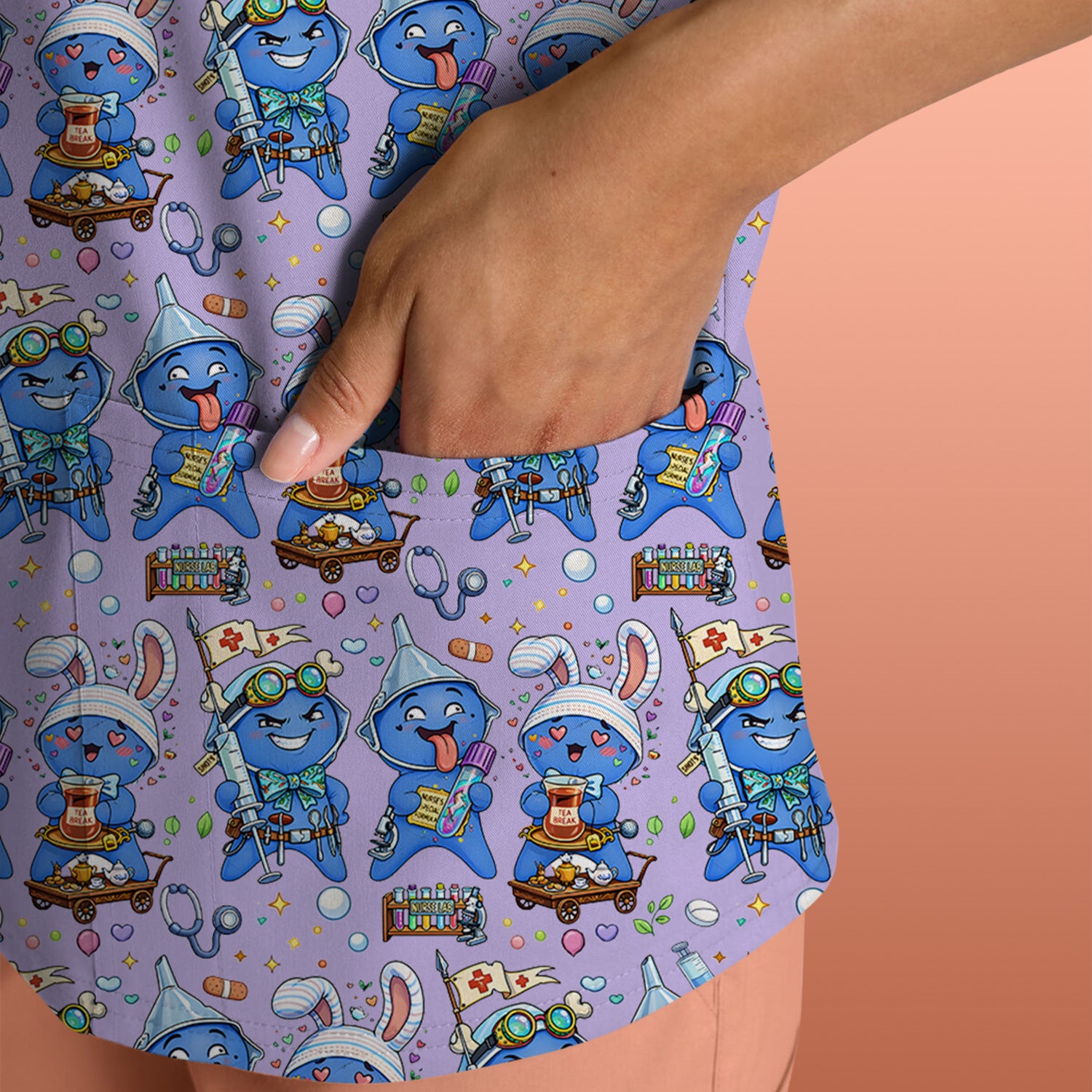 Cute Glove Doll Hospital Medical Cartoon Nurse Pattern Scrub Top, Comfortable Scrubs for Nurses