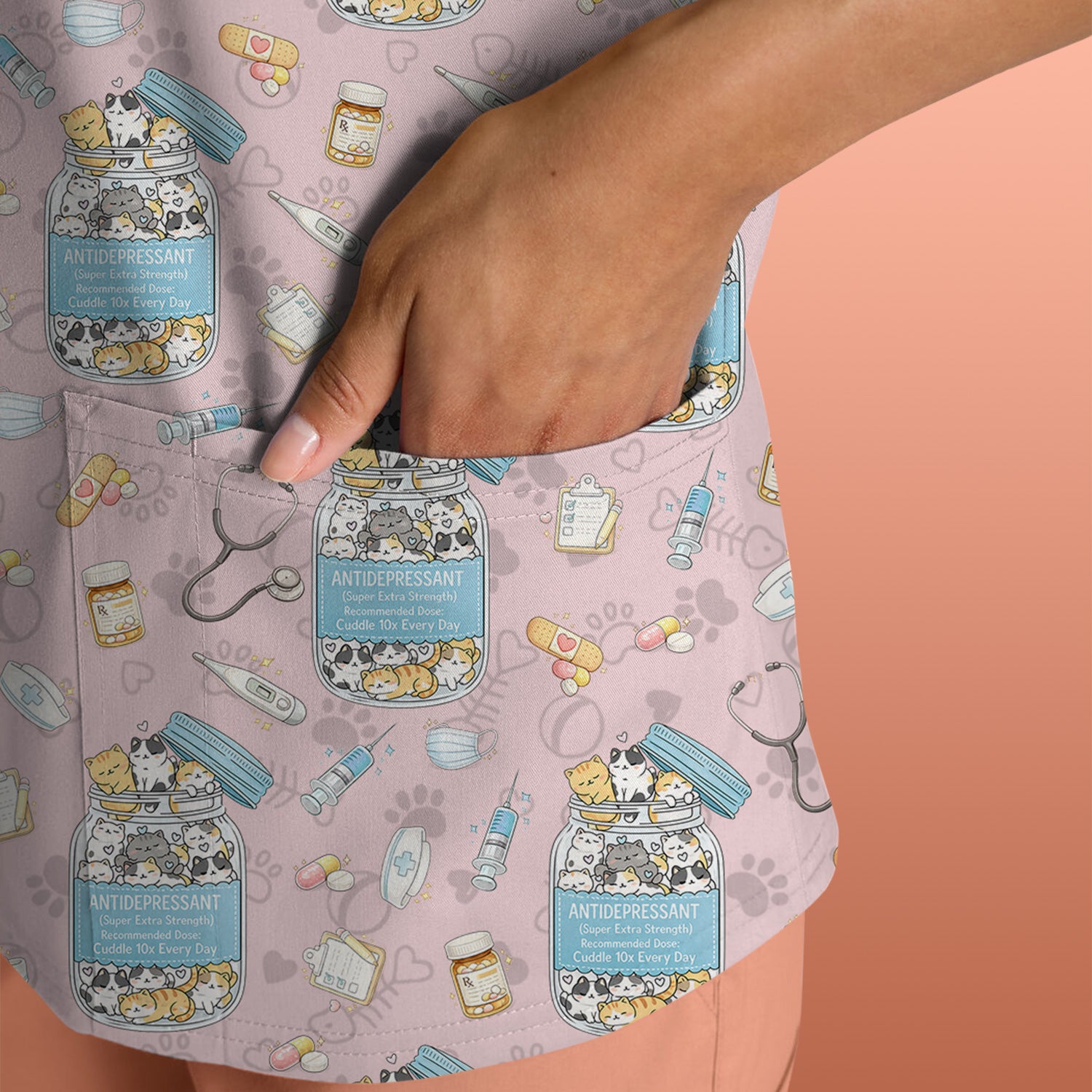 Cute Antidepressant Cat Jar Print Nurse Scrub Top, Breathable Fabrics Nursing Uniform