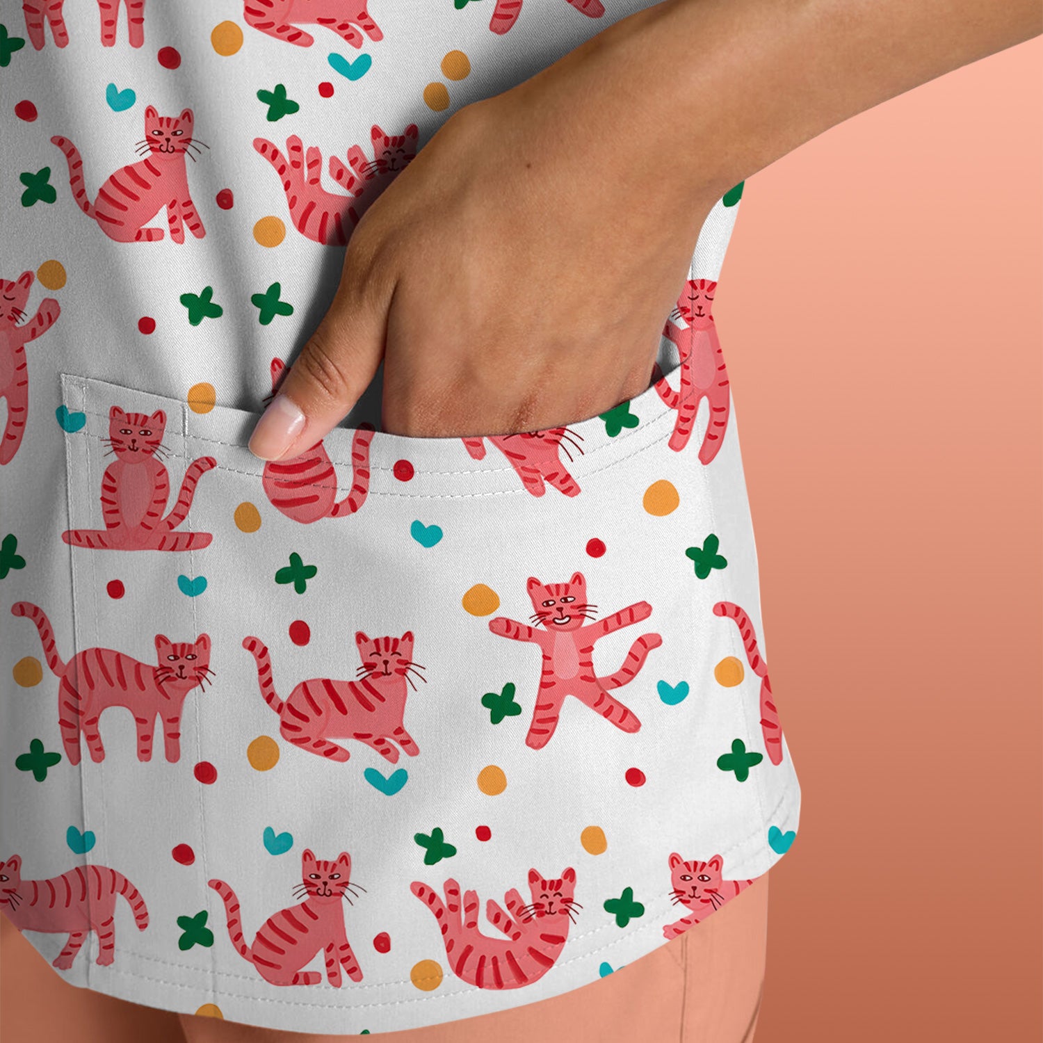 Cute Pink Cat Pattern Scrub Top, Comfortable Scrubs for Nurses