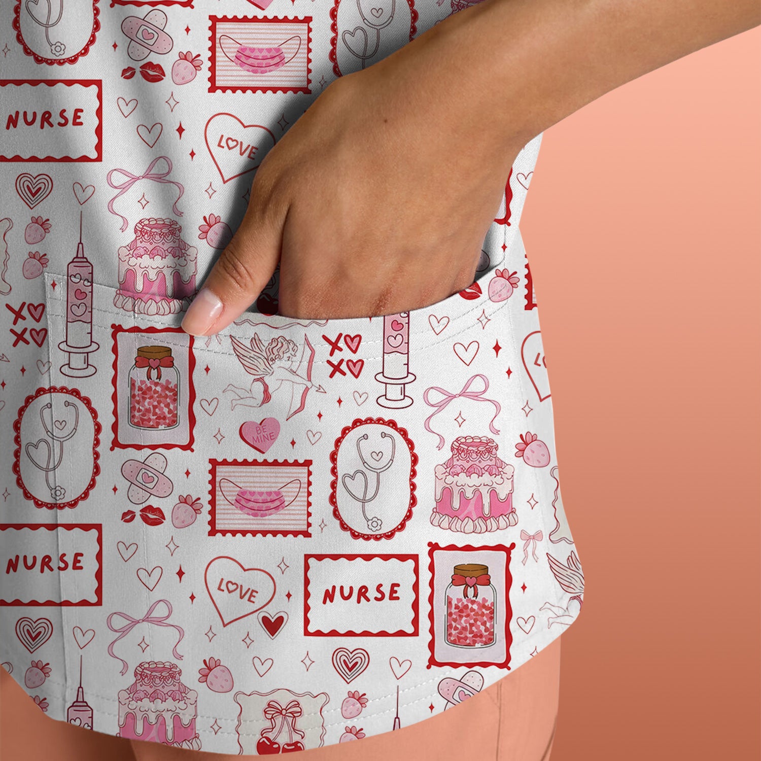 Nurse Icons Hearts Syringes Valentine Scrub Top, Breathable Nursing Uniform