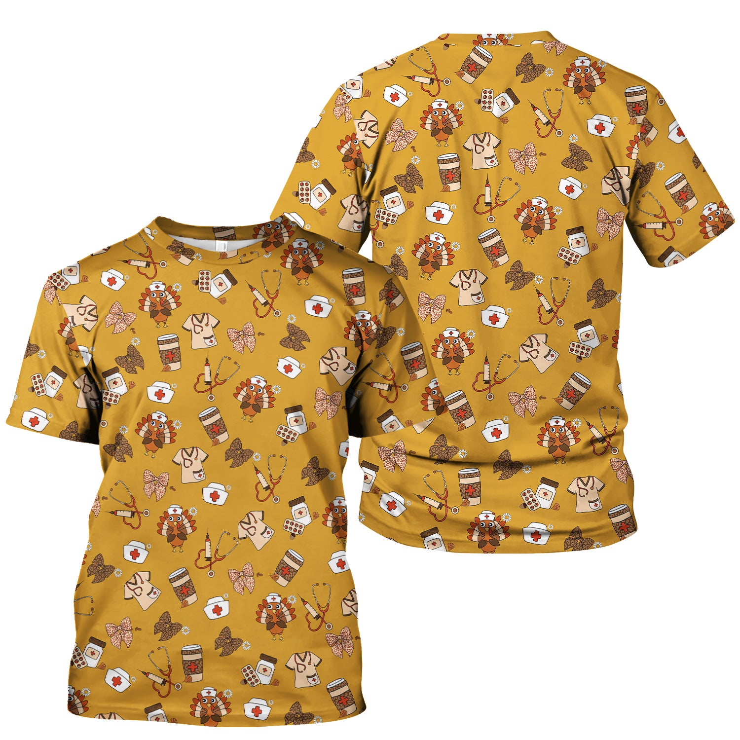 Cute Nurse Fall Season Scrub Top - Thanksgiving Turkey & Stethoscope Medical Design  - Gift for RN LPN CNA