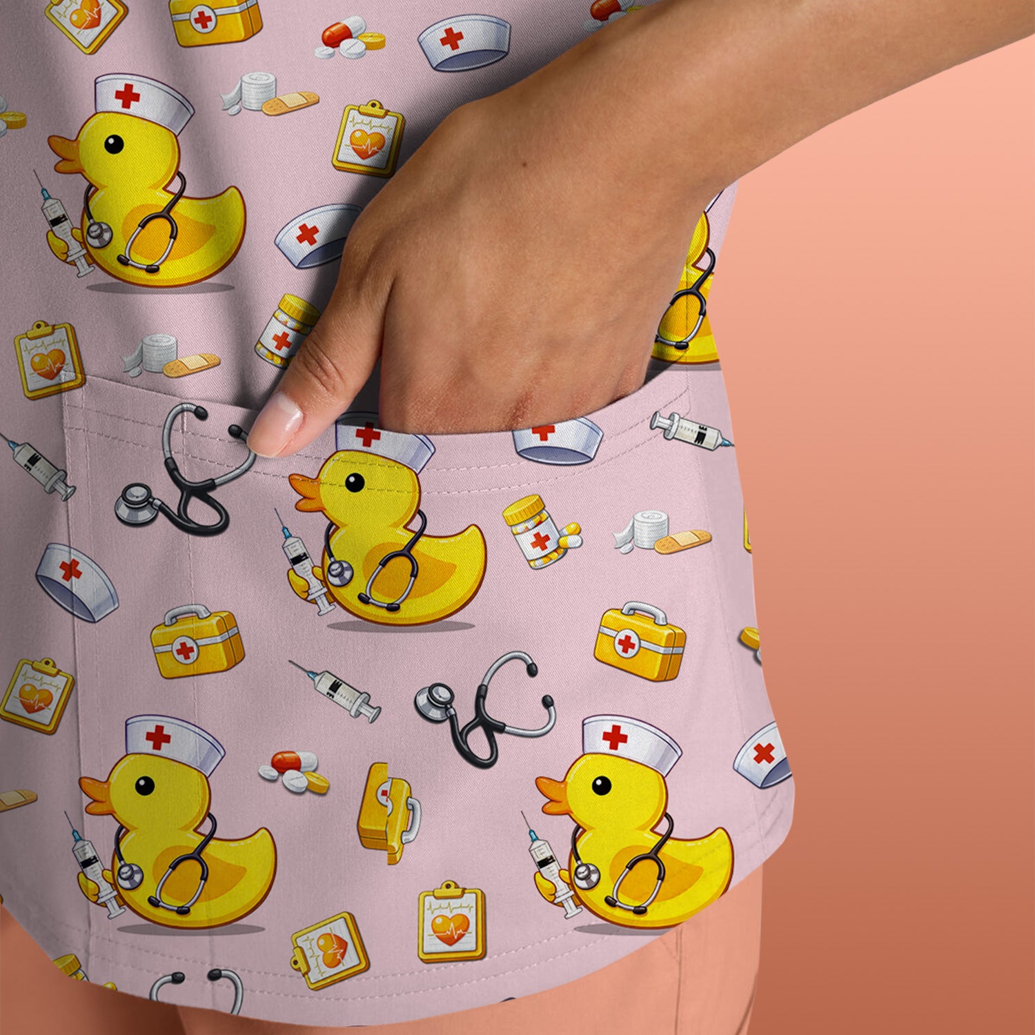 Playful Medical Duck Print Nurse Scrub Top, Comfortable Scrubs for Nurses