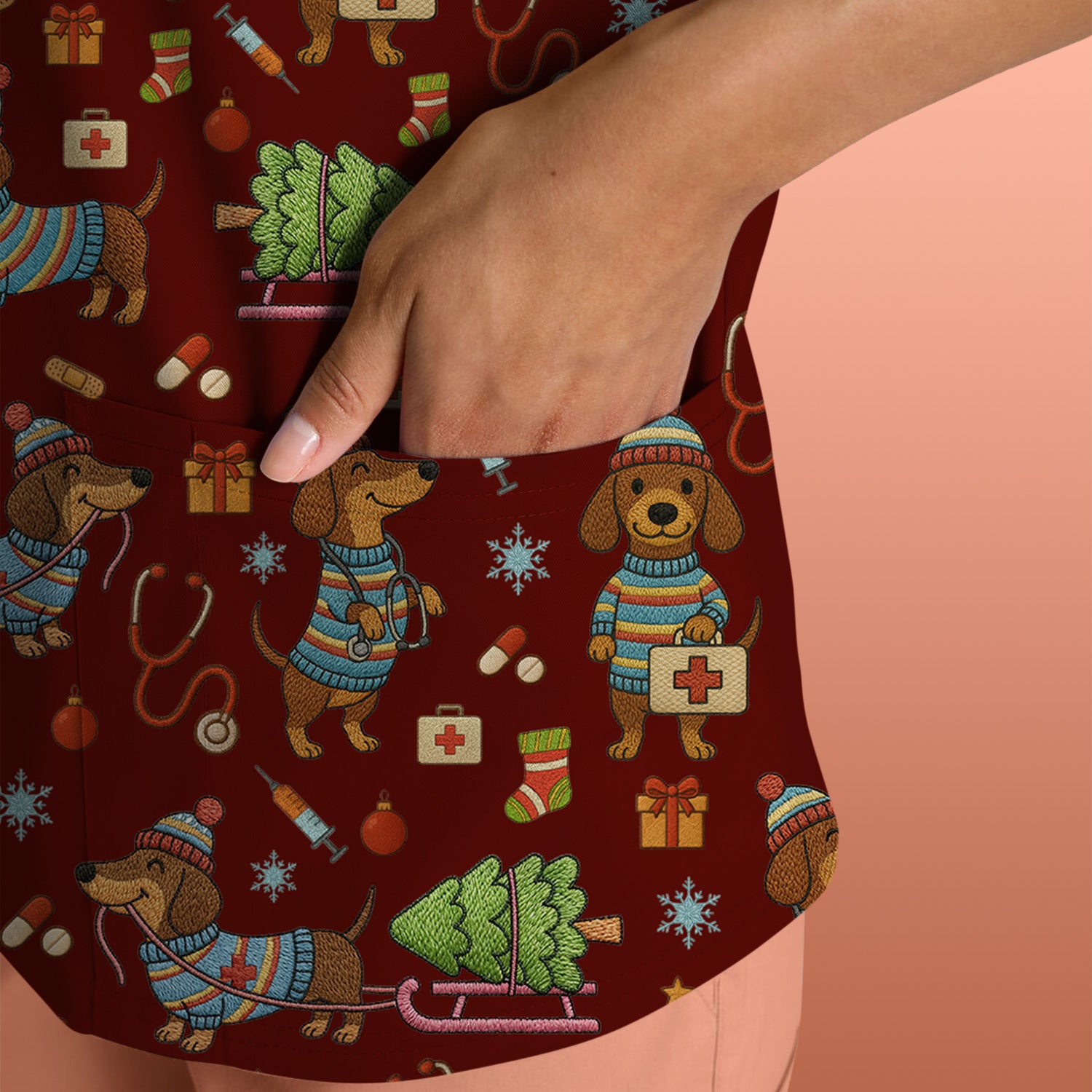 Dachshund Dog Scrub For Nurse, Funny Wiener Dog Lover Gift, Cute Dog 3D Knit Pattern Shirt