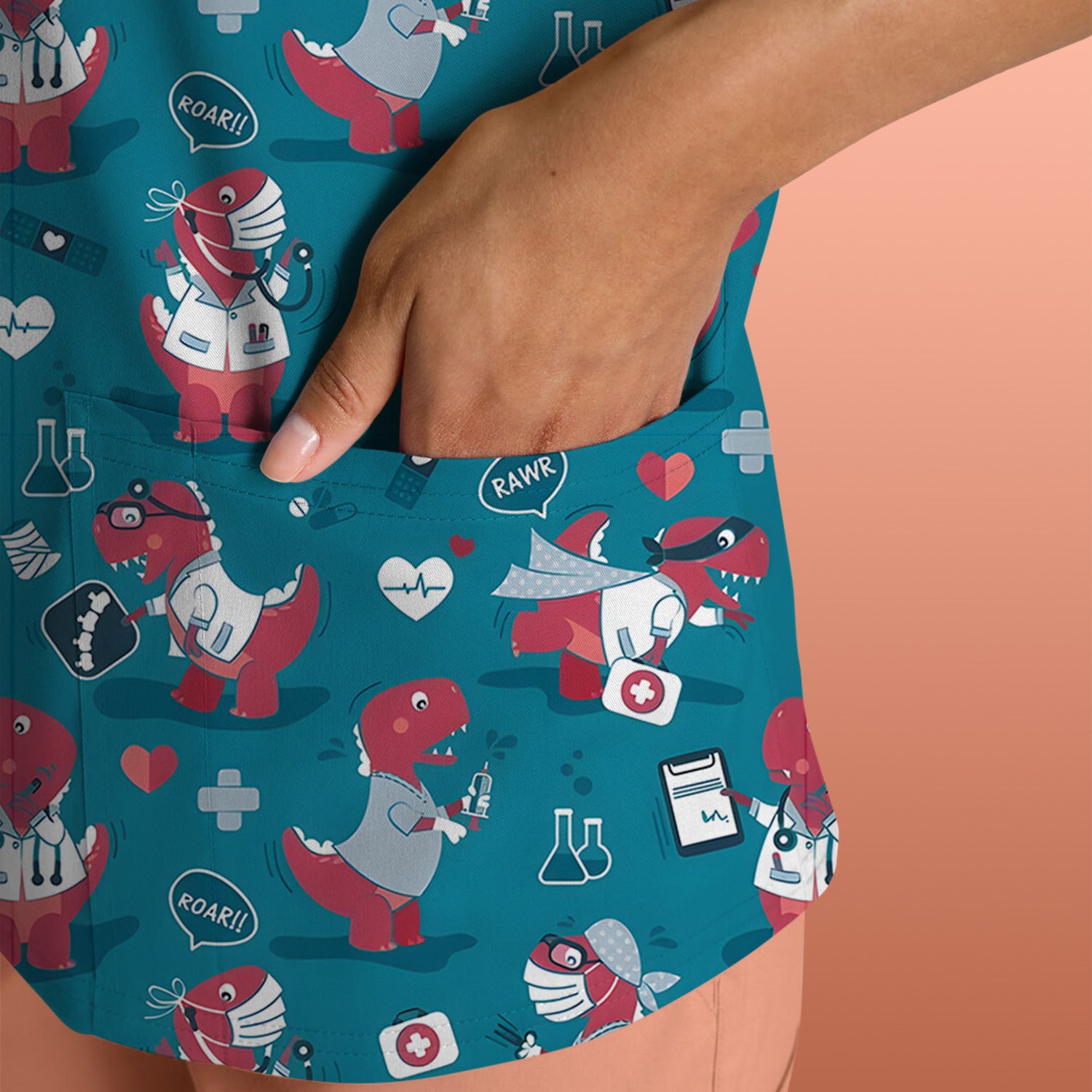 Cute Dinosaur Doctor Medical Pattern Scrub Top, Breathable Fabrics Nursing Uniform