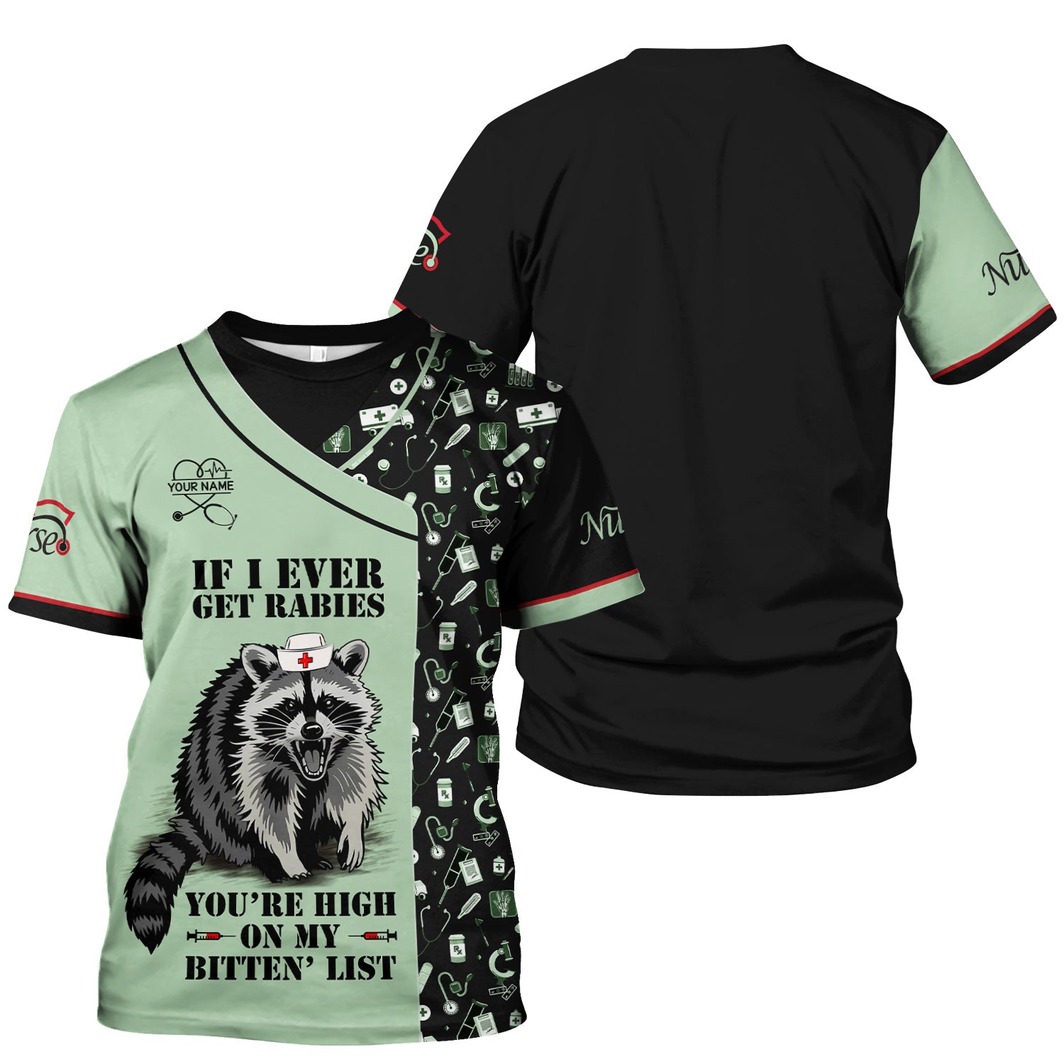 Personalized Funny Nurse Scrub for Women - Raccoon Nurse Graphic Design - Medical Gift for RN LPN CNA Healthcare Staff