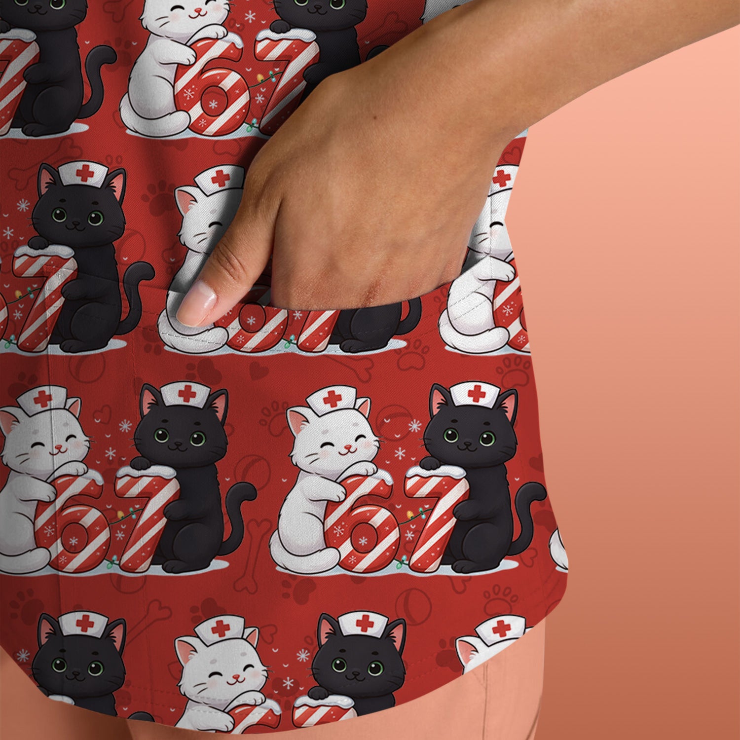 Xmas Cat Pattern Scrub Top, Christmas Nurse Six Seven With Cat Scrub Shirt, Breathable Fabrics Nursing Uniform