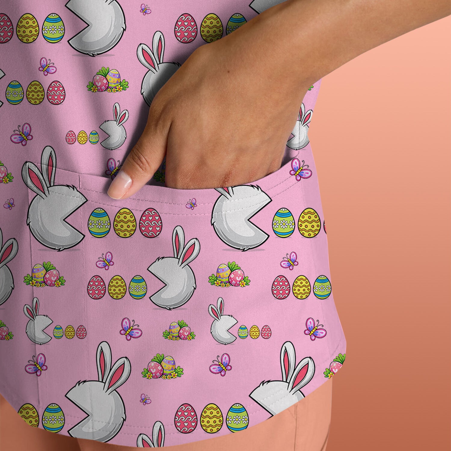 Easter Bunny and Colorful Eggs Print Scrub Top, Breathable Fabrics Nursing Uniform