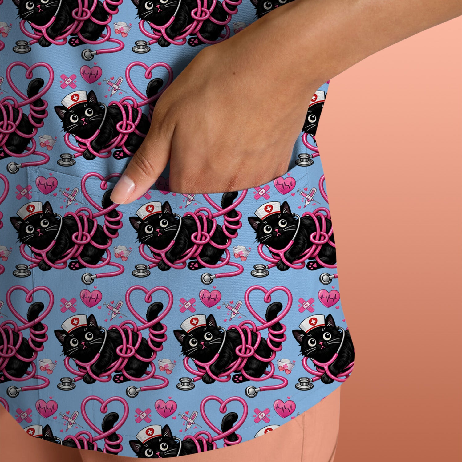 Valentine Cute Cat Nurse Heart Print Scrub Top, Comfortable Scrubs for Nurses
