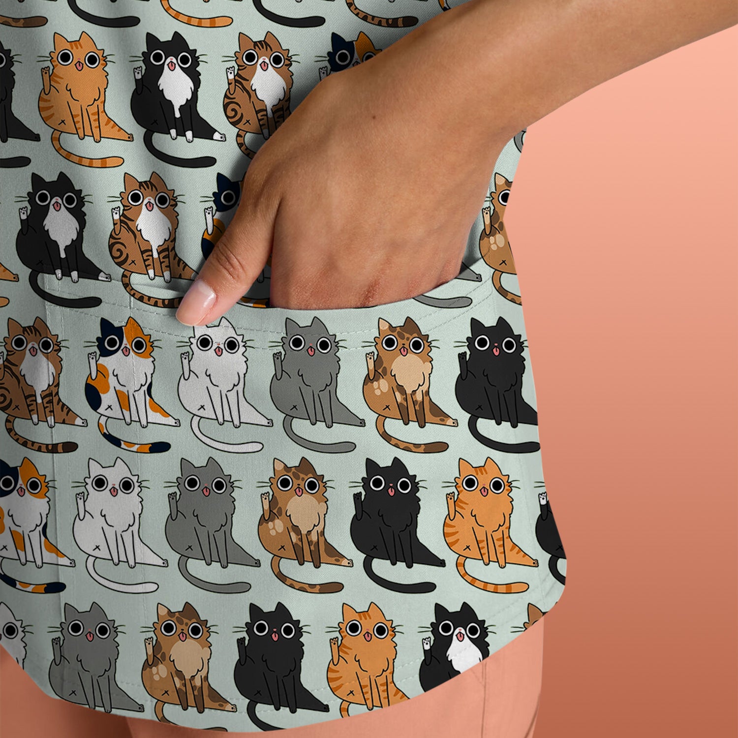 Cute Cartoon Cat Pattern Scrub Top, Comfortable Scrubs for Nurses