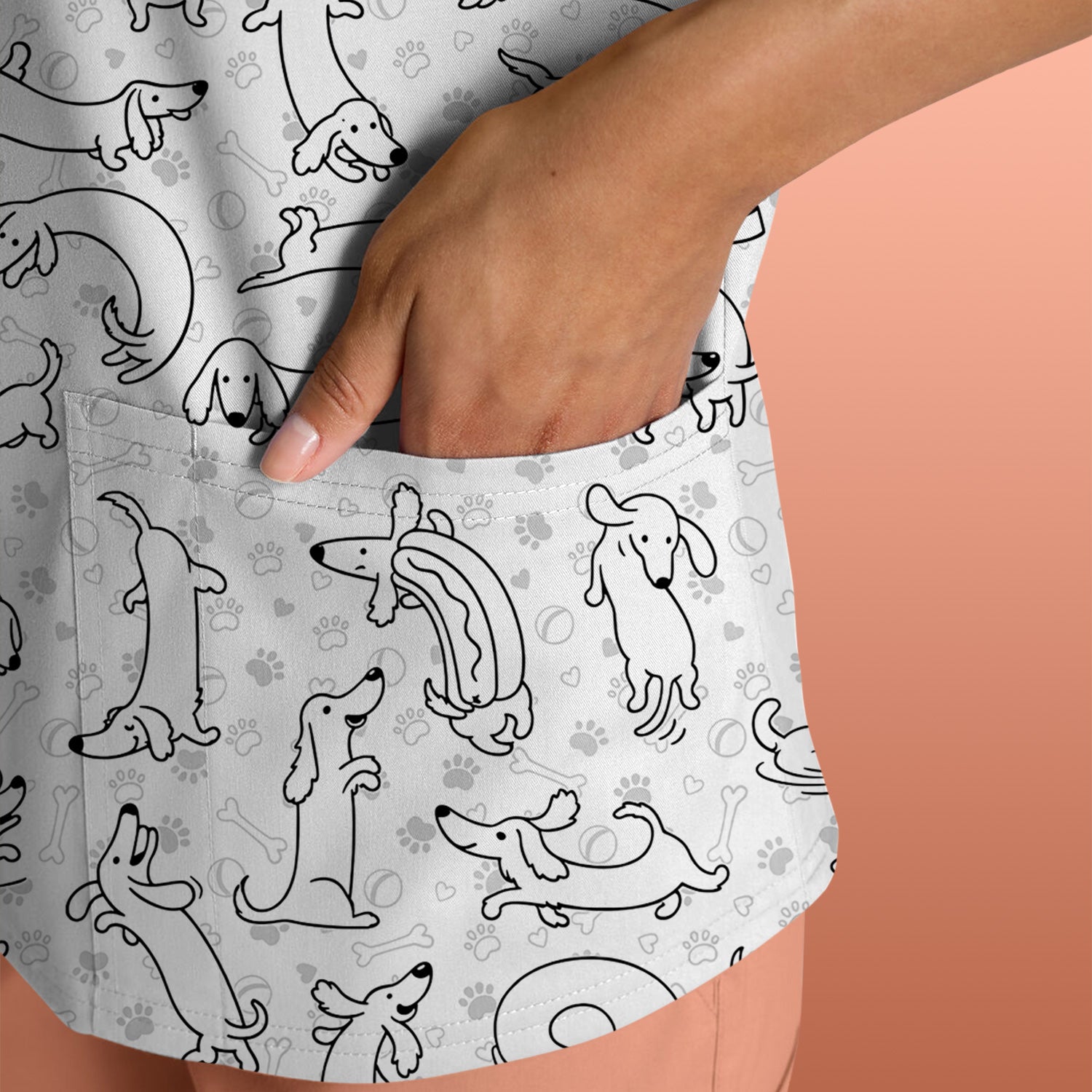 Playful Dachshund Dog Line Art Print Scrub Top, Comfortable Scrubs for Nurses