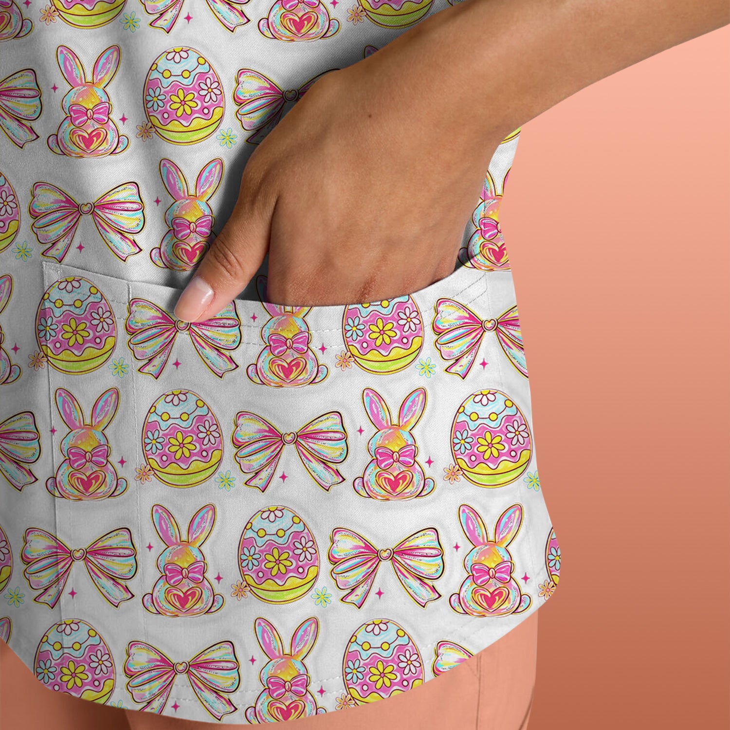 Easter Bunny Pastel Egg Bow Pattern Scrub Top, Breathable Fabrics Nursing Uniform