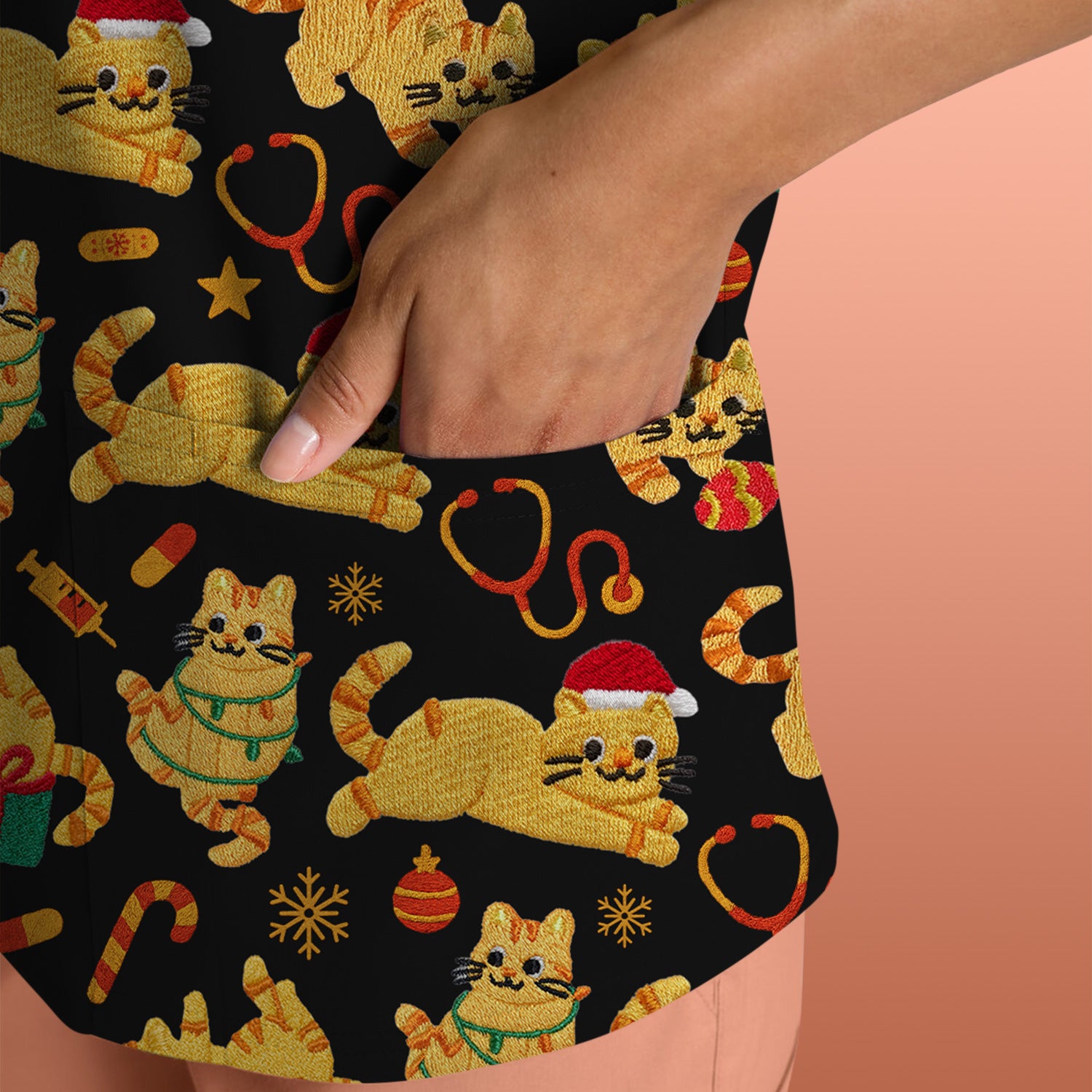 Christmas Cat Nurse Scrub Top, Cute Holiday Kitty Medical Uniform Shirt For Nursing