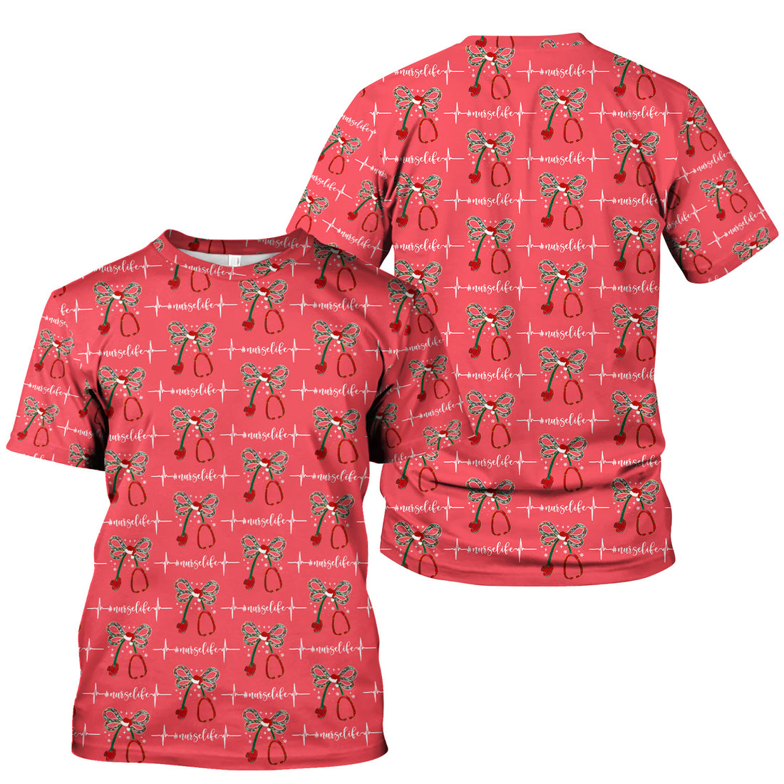 Festive Nurse Life Christmas Shirt - Christmas Stethoscope & Heartbeat Graphic Tee - Gift for RN LPN CNA Healthcare Staff