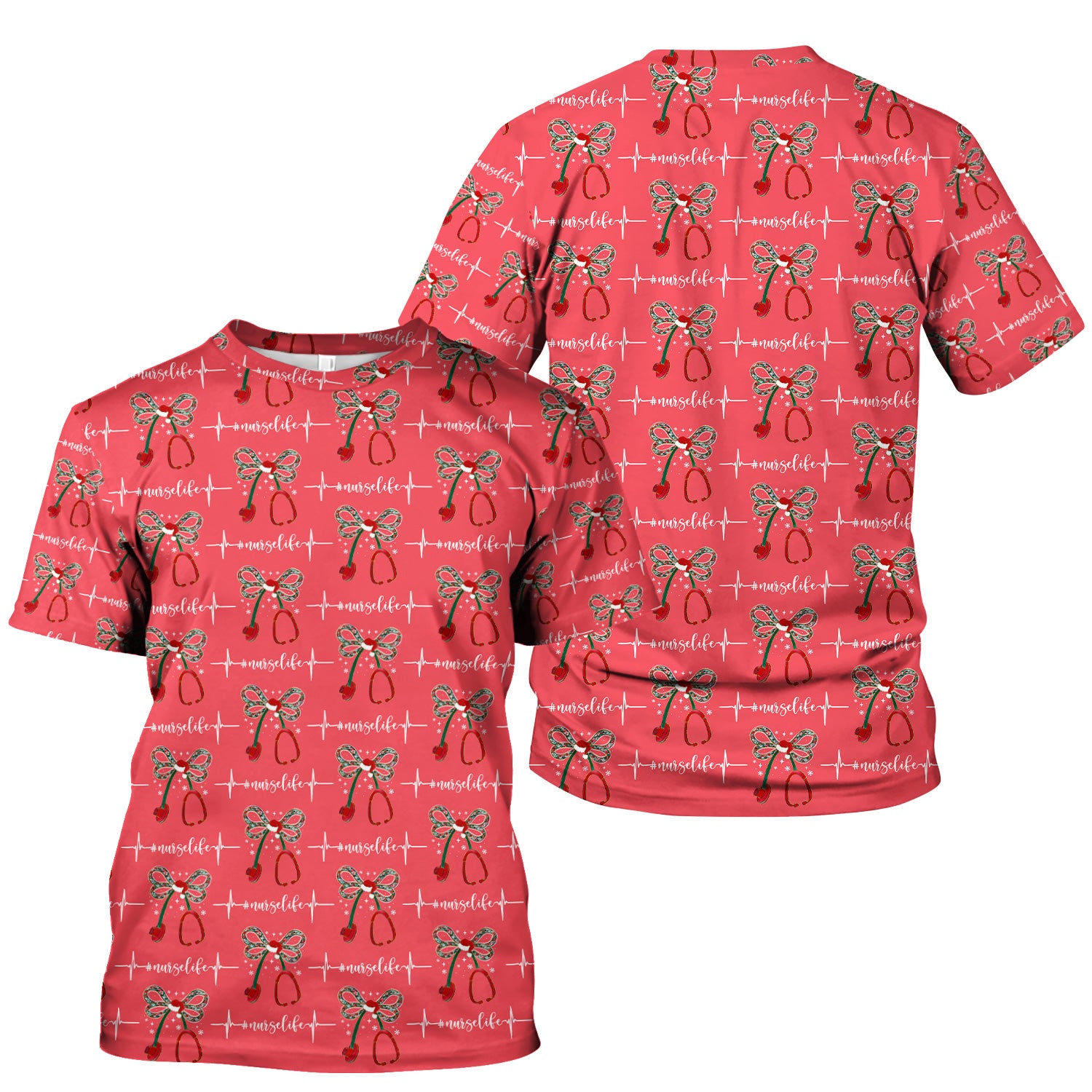 Personalized Funny Nurse Christmas Scrub Top - Stethoscope with Holiday Bow & Heartbeat Pattern - Gift for RN LPN CNA Healthcare Staff