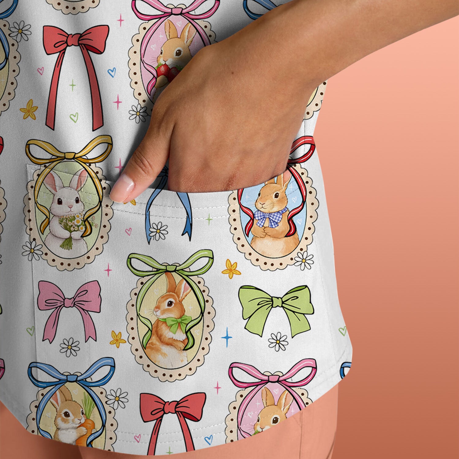 Cute Easter Bunny Cameo Colorful Bow Pattern Scrub Top, Breathable Fabrics Nursing Uniform
