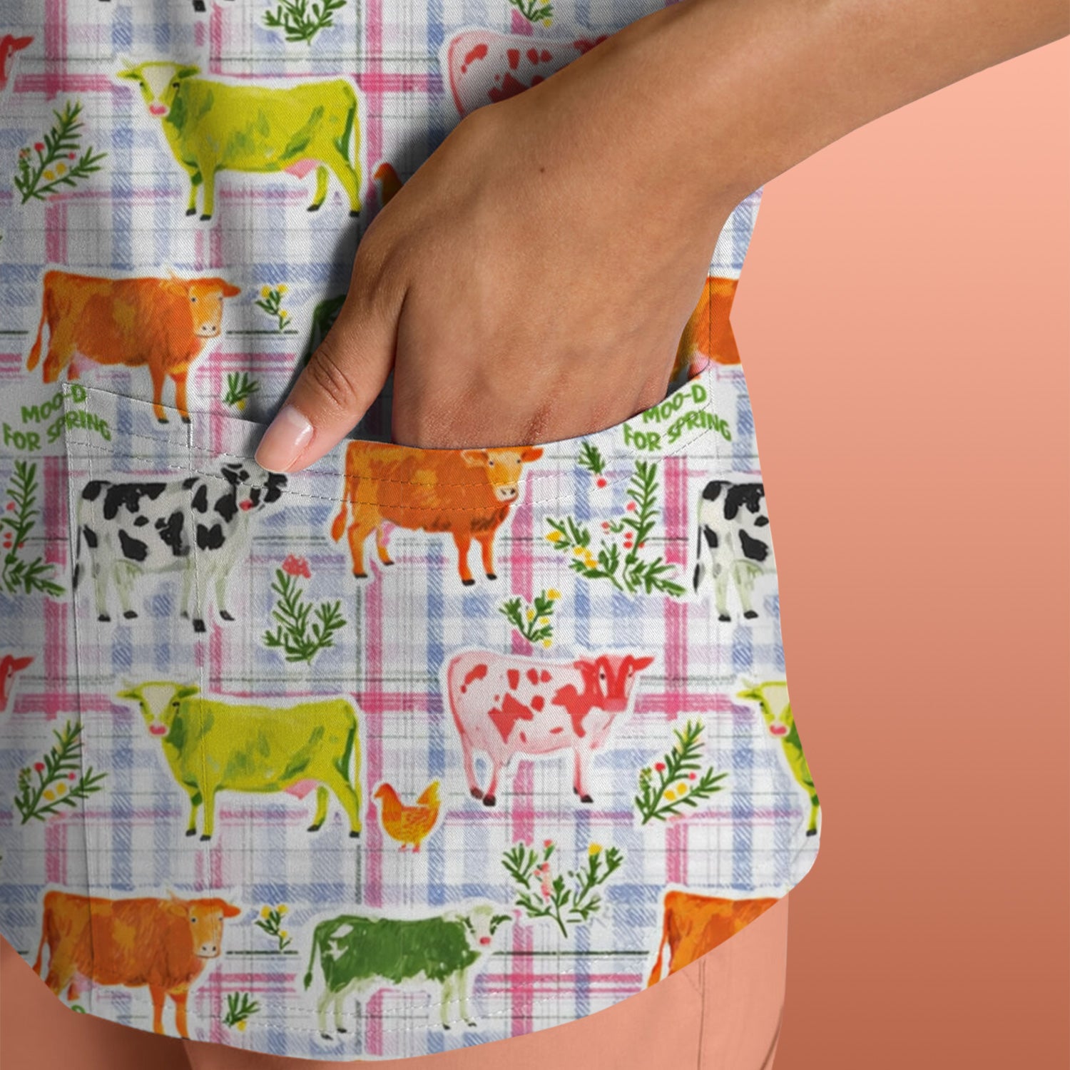 Colorful Farm Cow Plaid Print Scrub Top, Cute Country Scrubs for Nurses