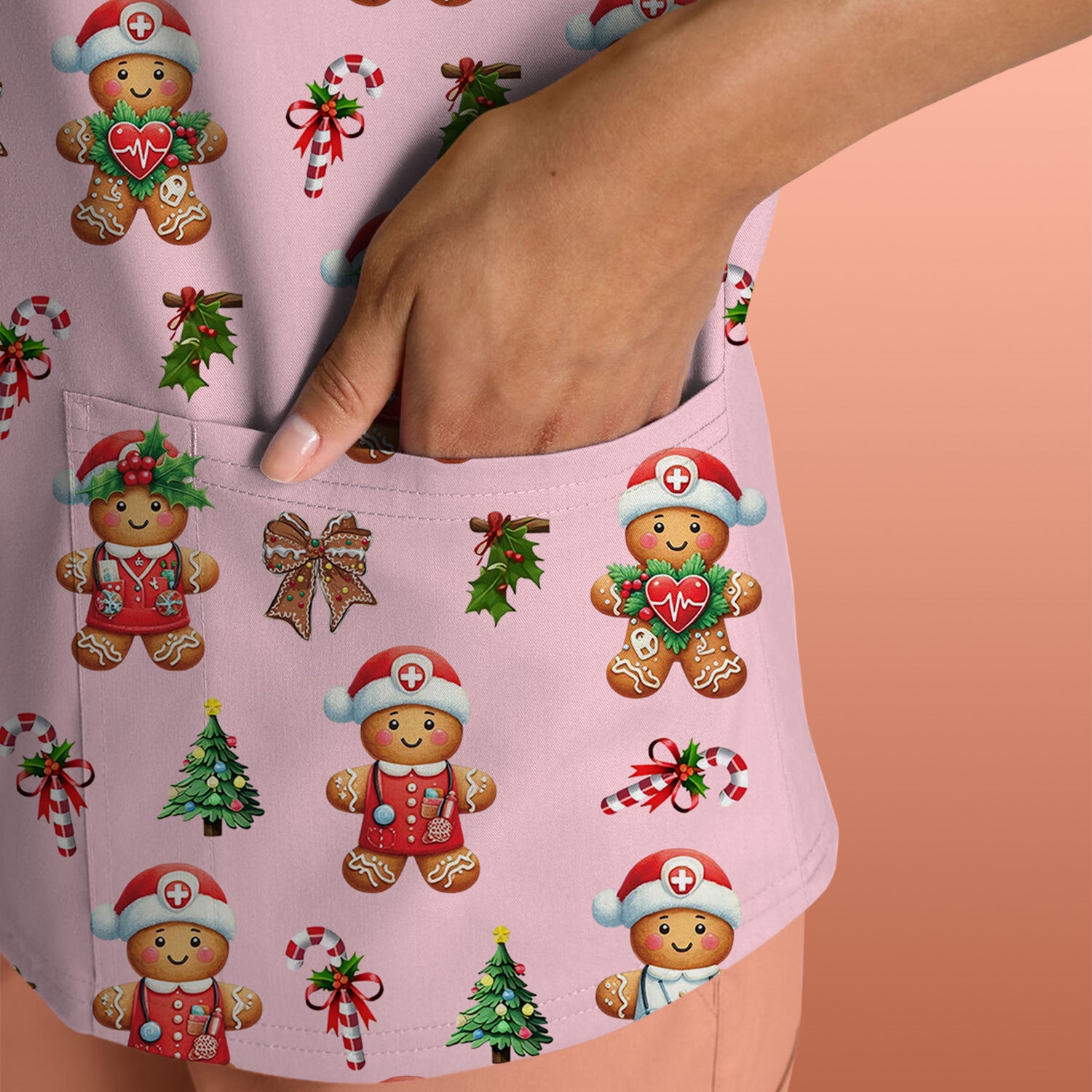 Funny Gingerbread Christmas Scrub Top - Cute Cookie with Bow Shirt - Festive Holiday Scrubs for Women