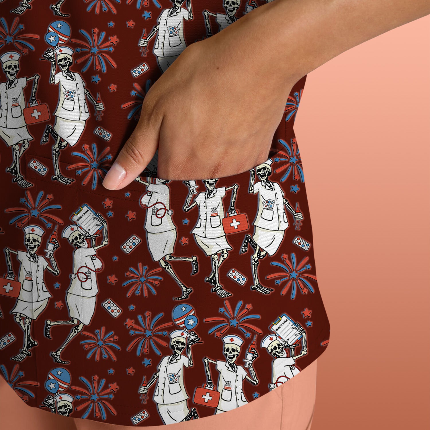 Funny Skeleton Nurse Patriotic Print Scrub Top, Halloween USA Fireworks Nursing Uniform for Women