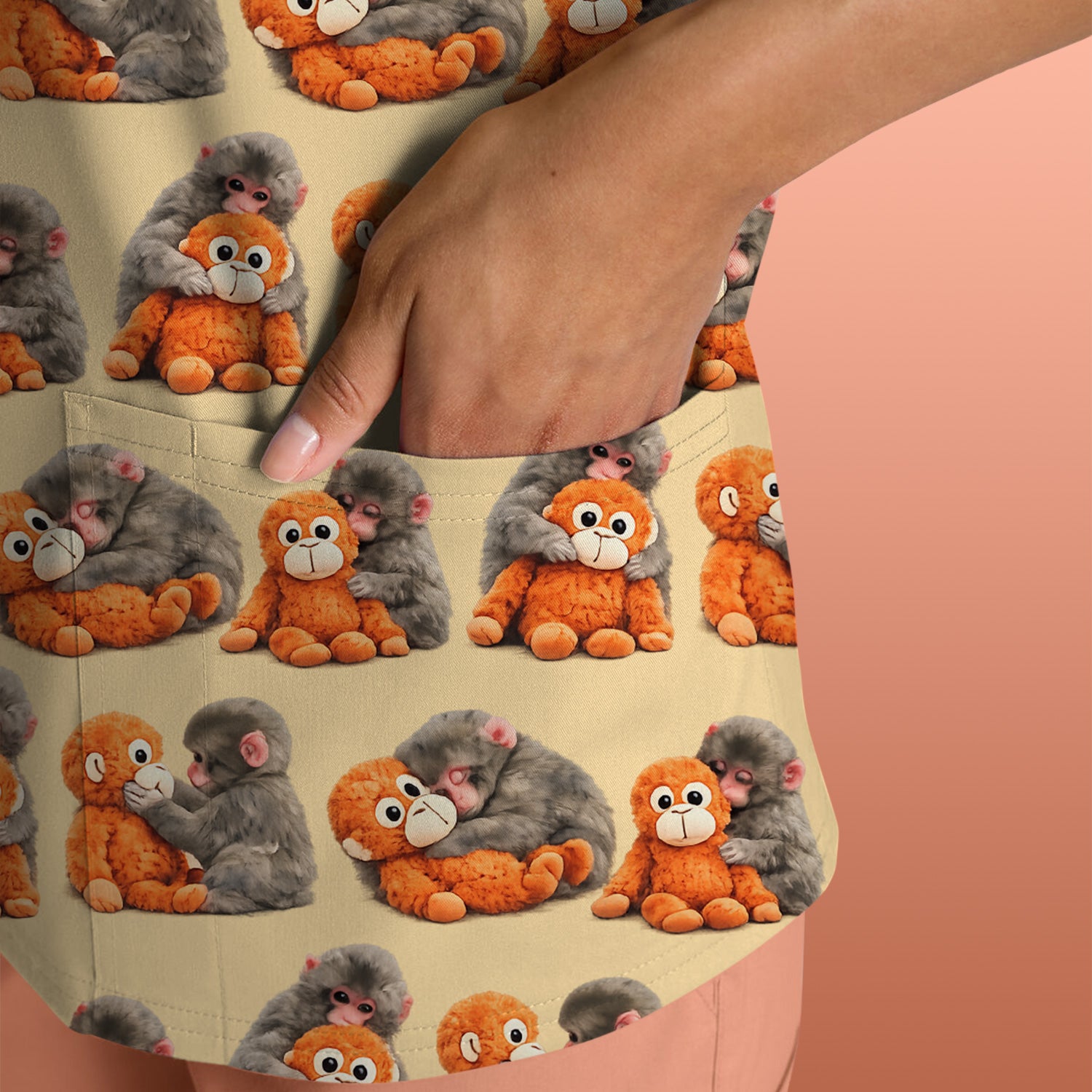 Cute Baby Monkey Plush Toy Animal Pattern Scrub Top, Breathable Medical Uniform Top