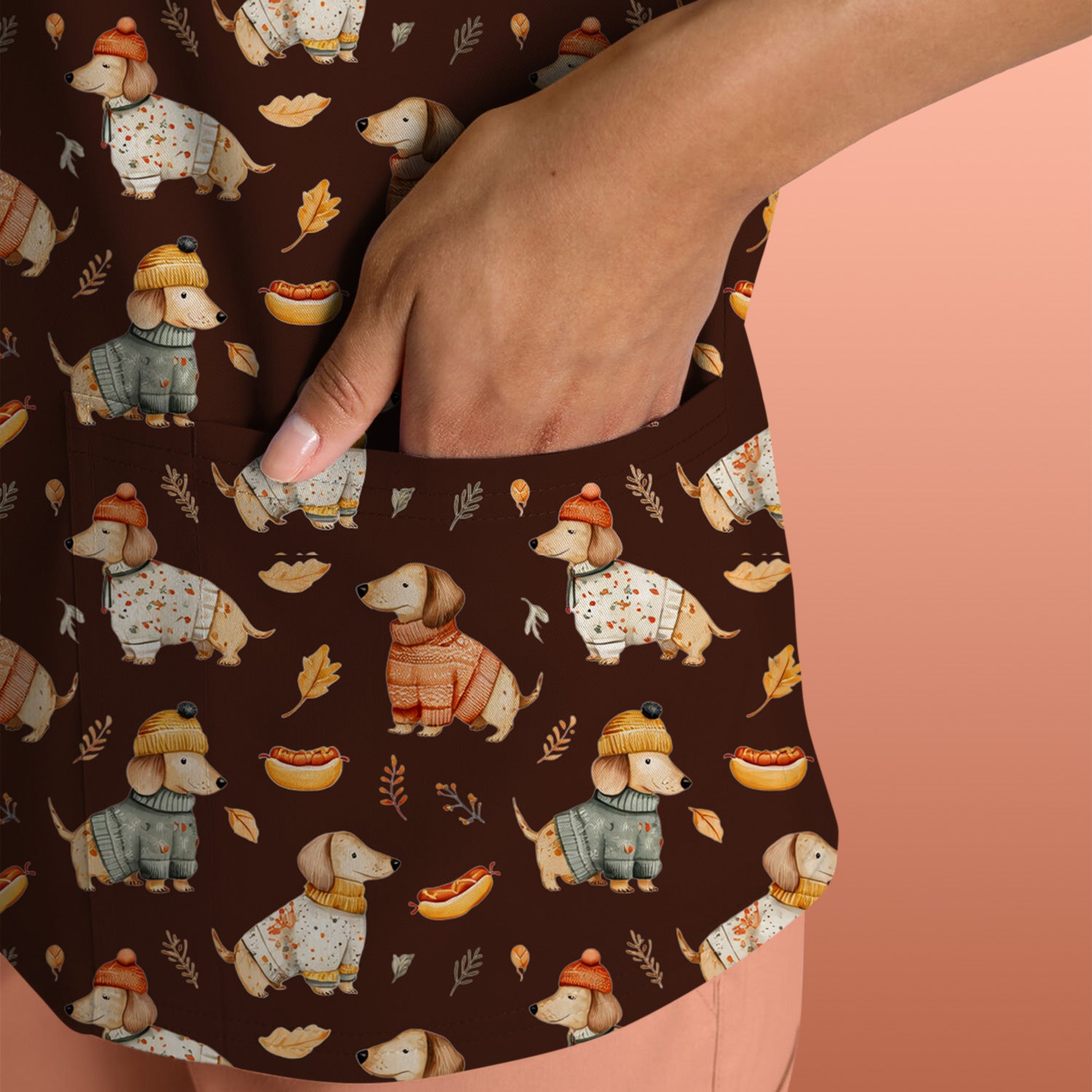 Autumn Dachshund Dog Sweater Print Scrub Top, Comfortable Scrubs for Nurses