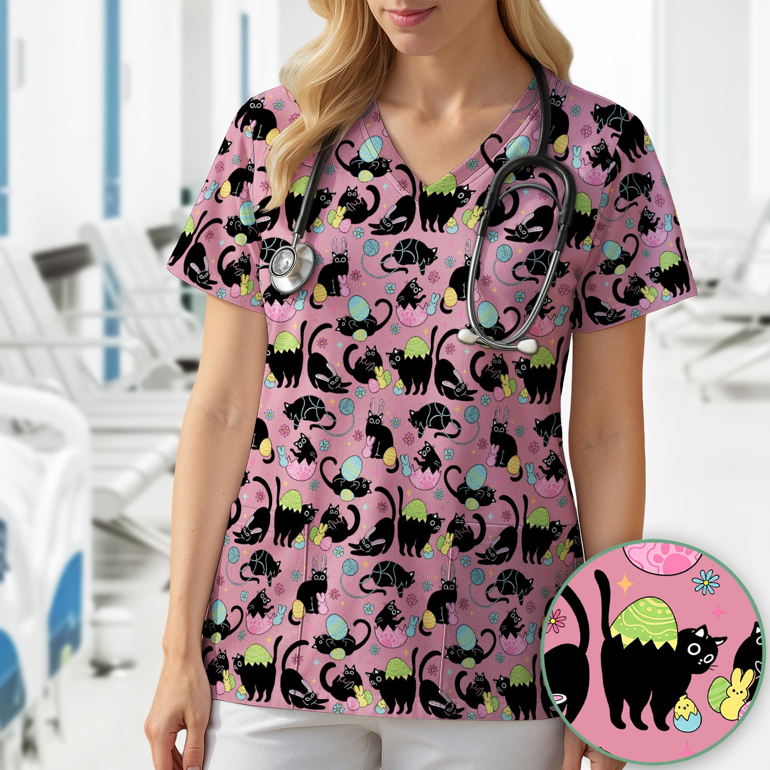 Funny Easter Black Cat Egg Pattern Scrub Top, Breathable Fabrics Nursing Uniform