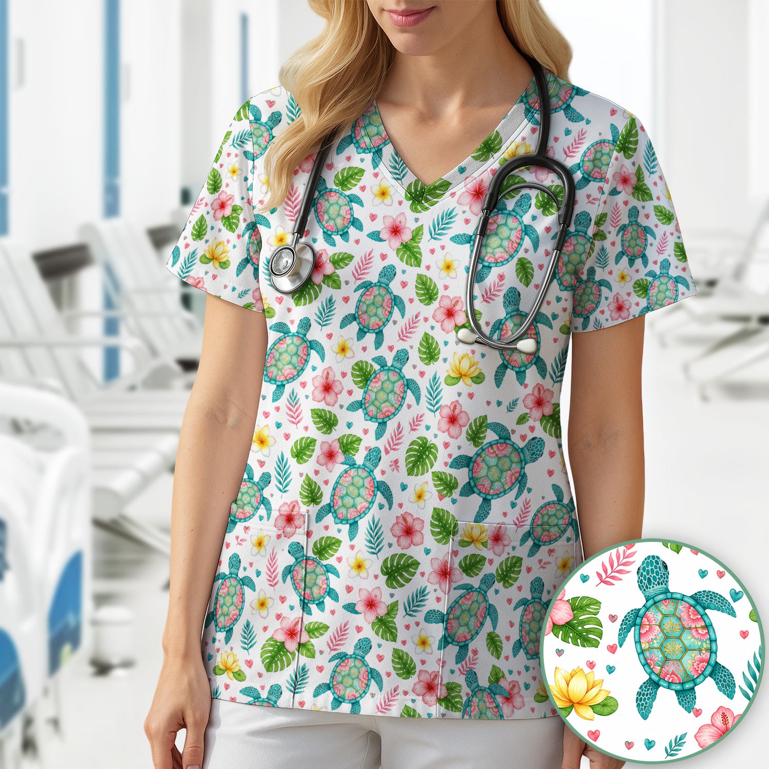 Tropical Sea Turtle Floral Pattern Scrub Top, Comfortable Scrubs for Nurses