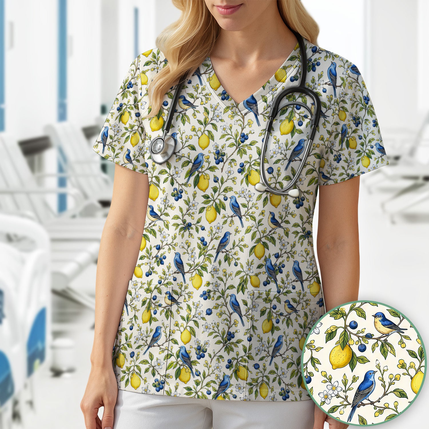 Bluebird Lemon Blossom Pattern Scrub Top, Comfortable Scrubs for Nurses