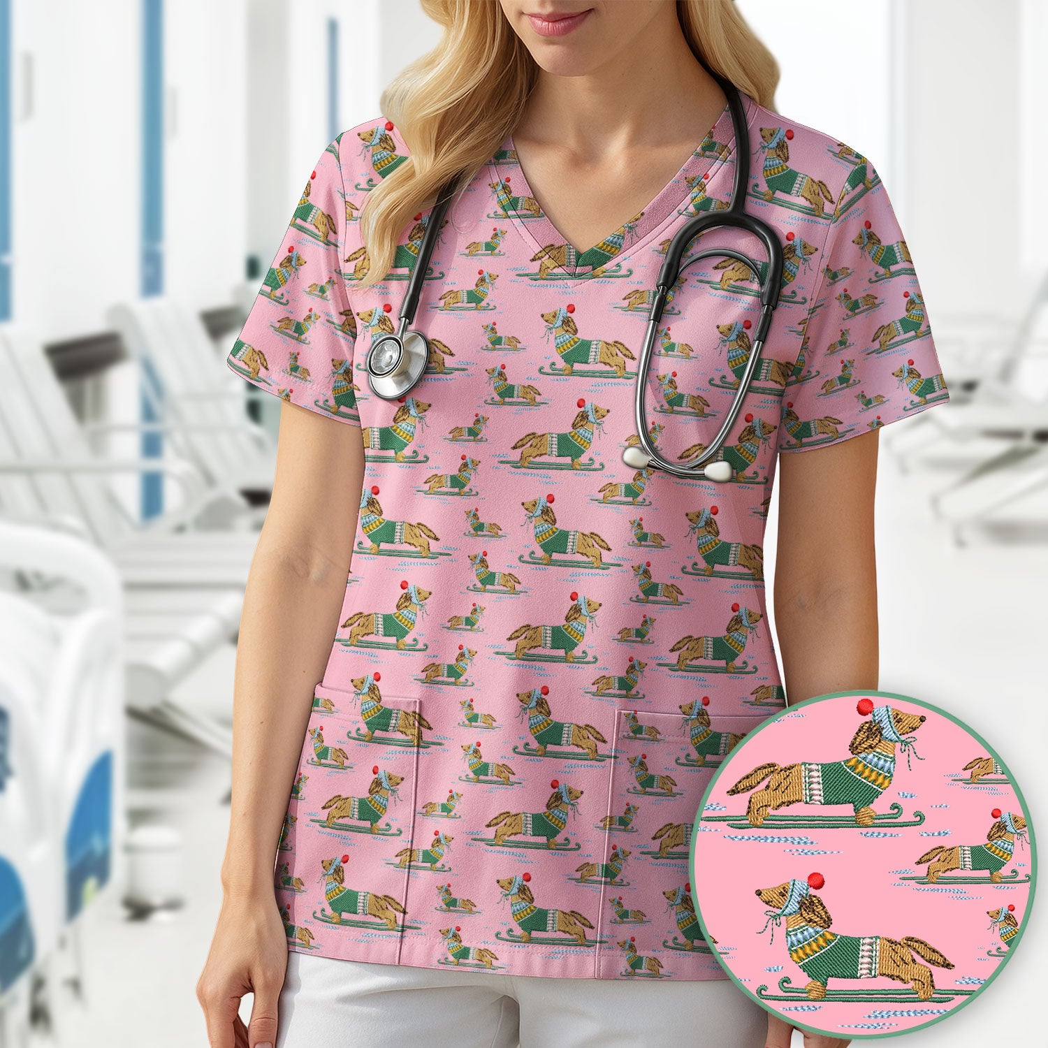 Dachshund Nurse Scrub Top, Wiener Dog Winter Pattern Shirt, Breathable Fabrics Nursing Uniform