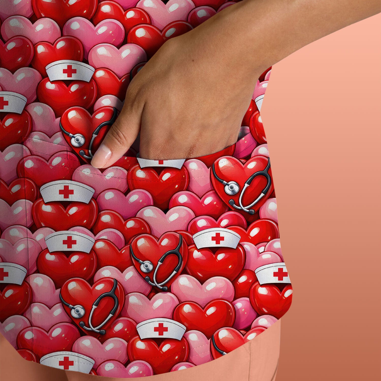 Valentine Pattern Nurse Scrub Top, Heart With Stethoscope Love Medical Shirt For Women, Breathable Fabrics Nursing Uniform