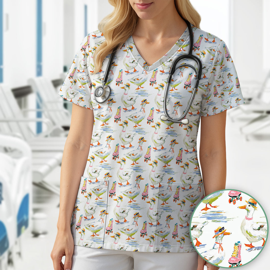 Roller Skating Goose Nurse Pattern Scrub Top, Comfortable Scrubs for Nurses