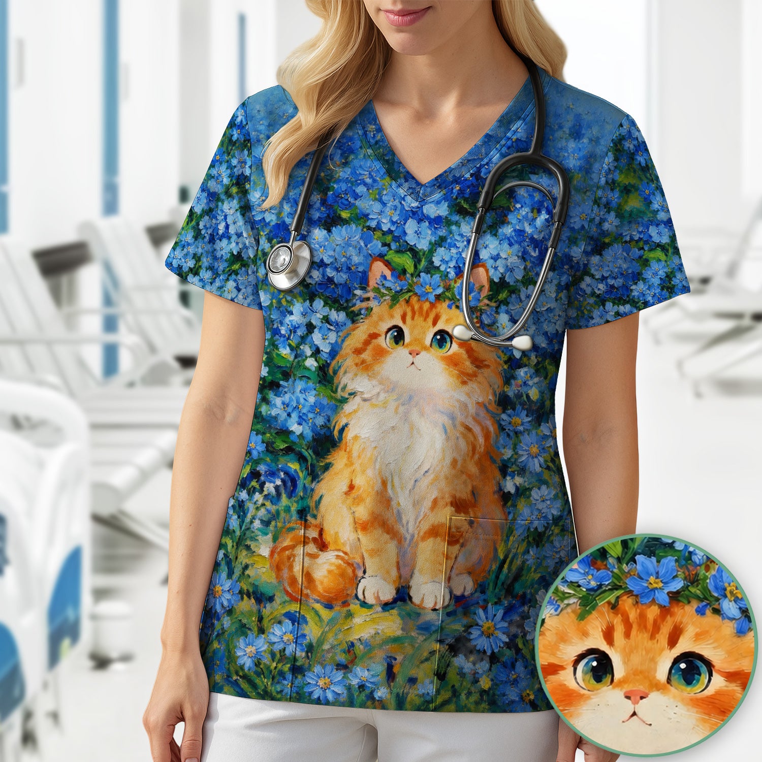 Cute Blue Floral Cat Nurse for Pediatric Nurses, RN, CNA, Pet Lover Medical Scrub Top, Comfortable Scrubs for Nurses