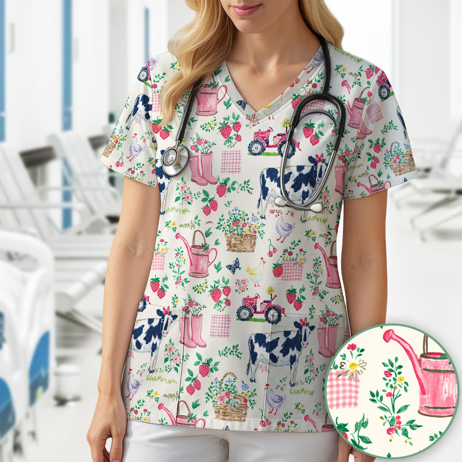 Strawberry Cow Country Style Scrub Top, Comfortable Scrubs for Nurses