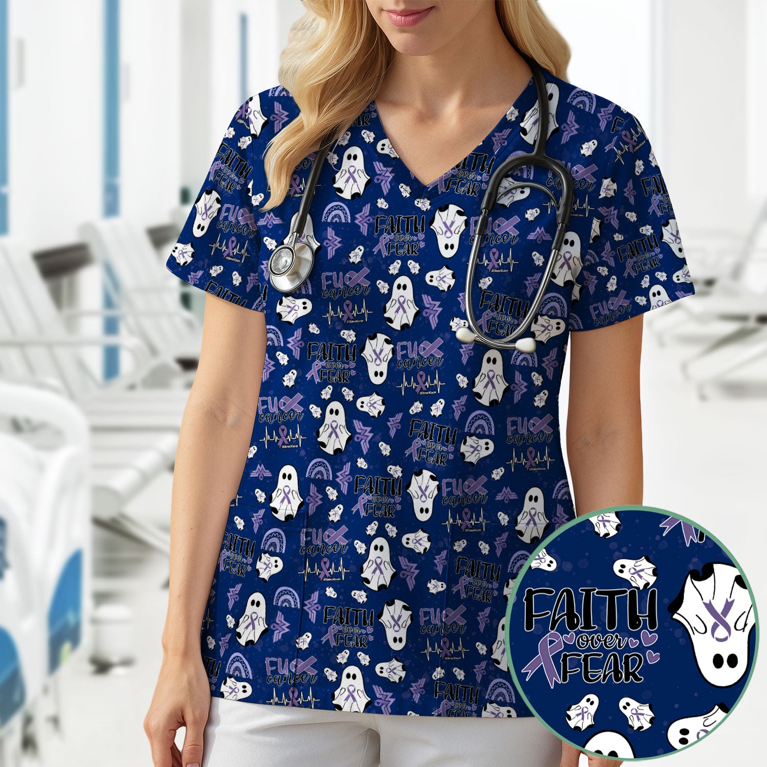 Periwinkle Ribbon Stomach Cancer Scrub Top - Awareness Nurse Shirt - November Warrior Survivor Medical Uniform Gift