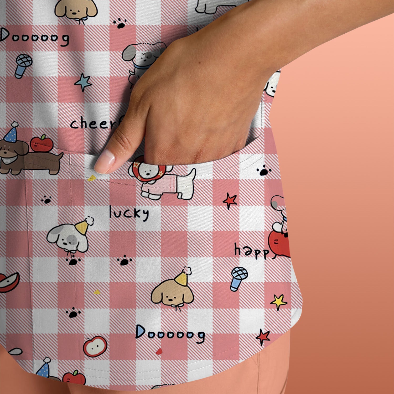 Cute Nurse Cartoon Puppy Apple Gingham Scrub Top, Breathable Fabrics Nursing Uniform