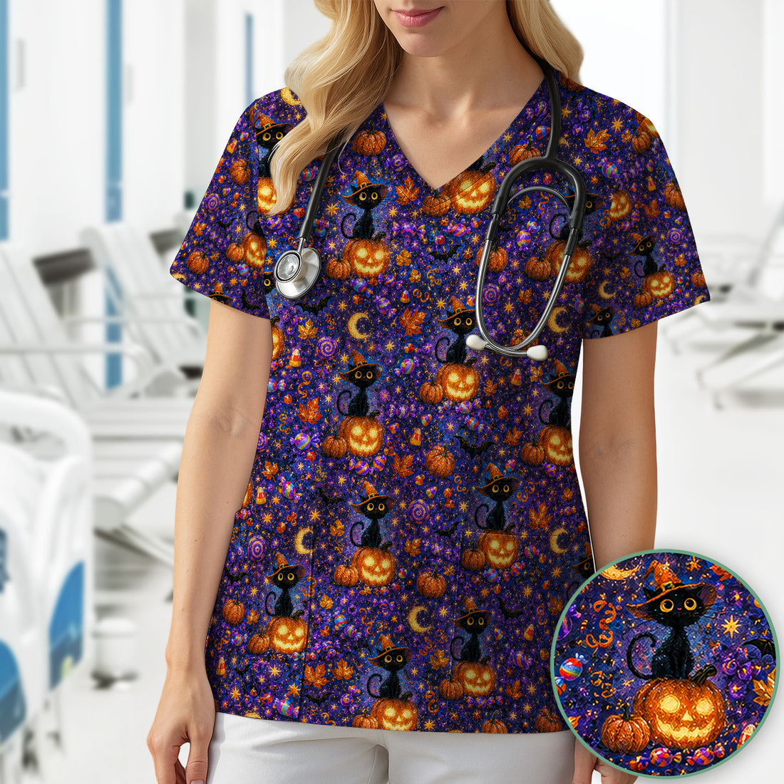 Mystical Halloween Witch Cat Scrub Top, Comfortable Scrubs for Nurses