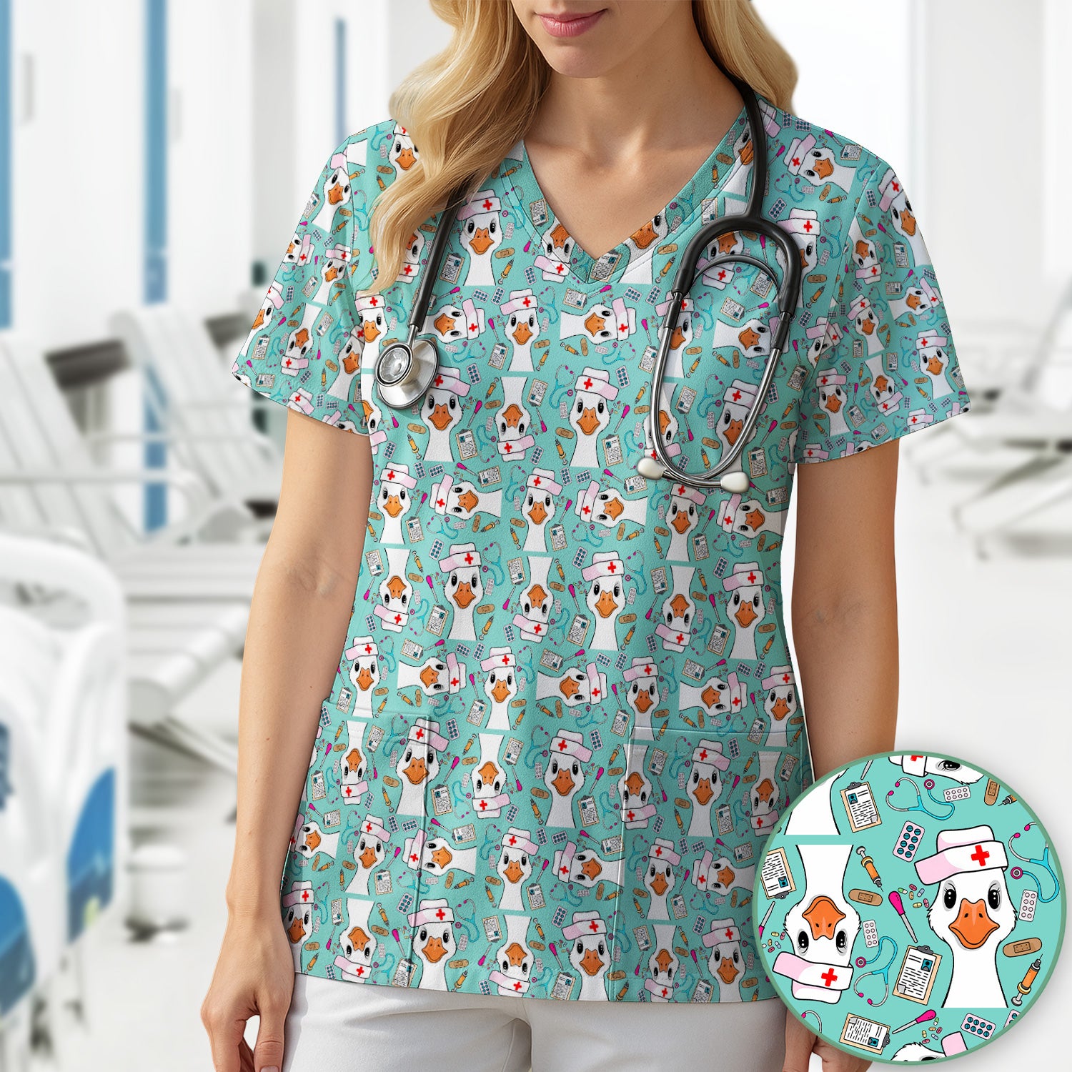 Duck Wearing Hat With Medical Tools Scrub Top, Breathable Fabrics Nursing Uniform
