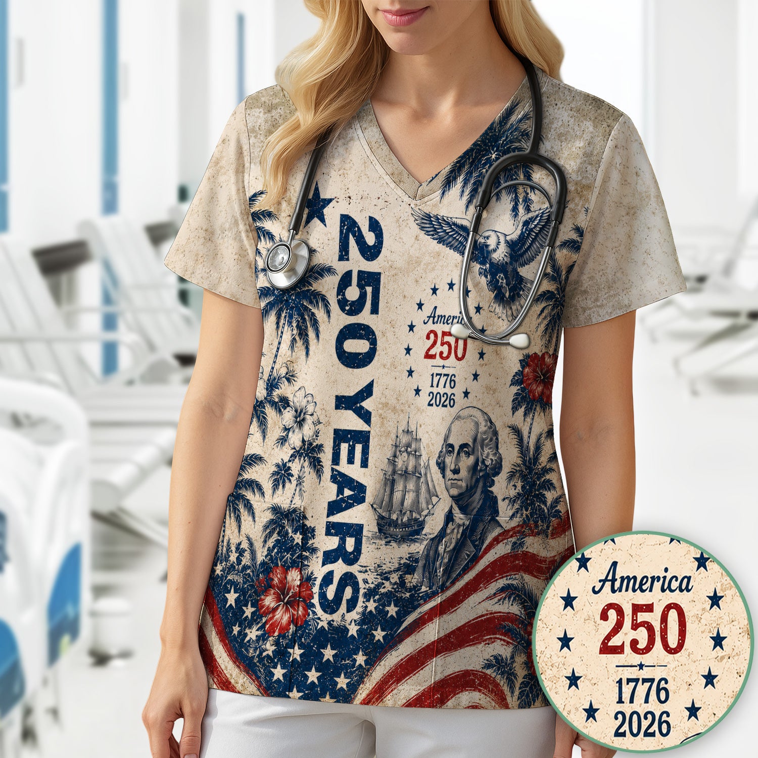 America 250 Freedom Print Scrub Top, Comfortable Scrubs for Nurses