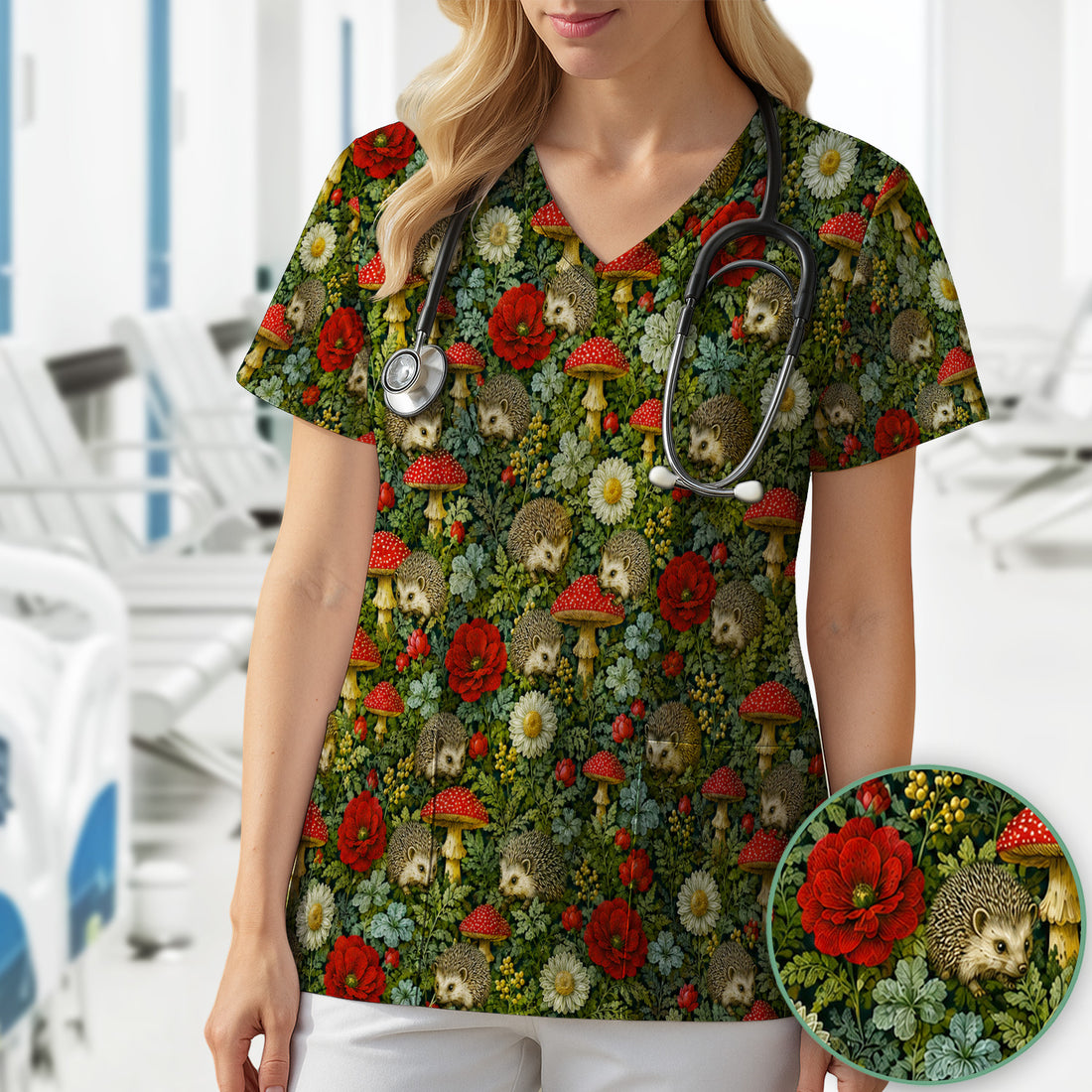Enchanted Woodland Hedgehog Nurse for Pediatric Nurses, RN, CNA, Garden Medical Scrub Top, Comfortable Scrubs for Nurses