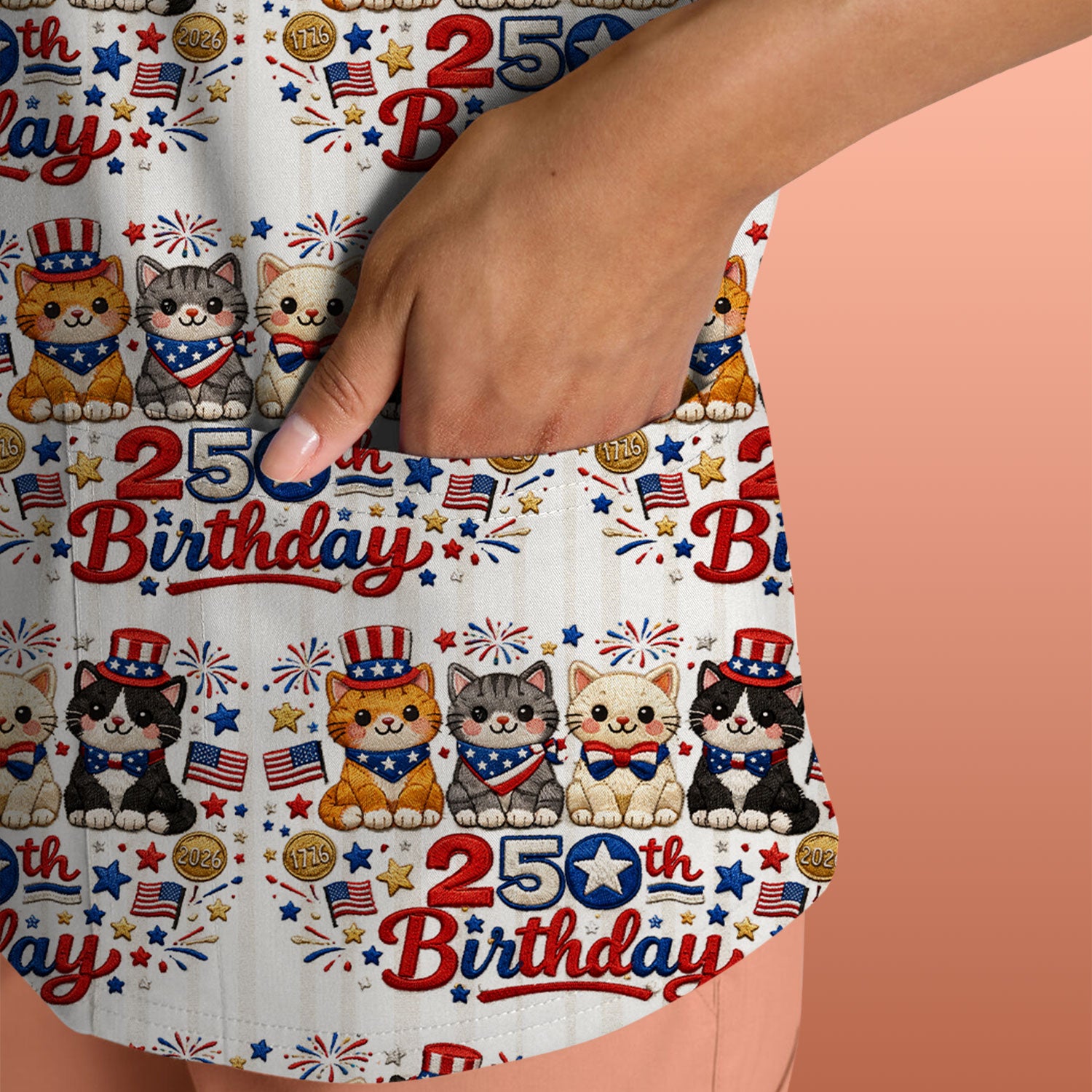 America 250th Anniversary Cat Pattern Scrub Top, Comfortable Scrubs for Nurses