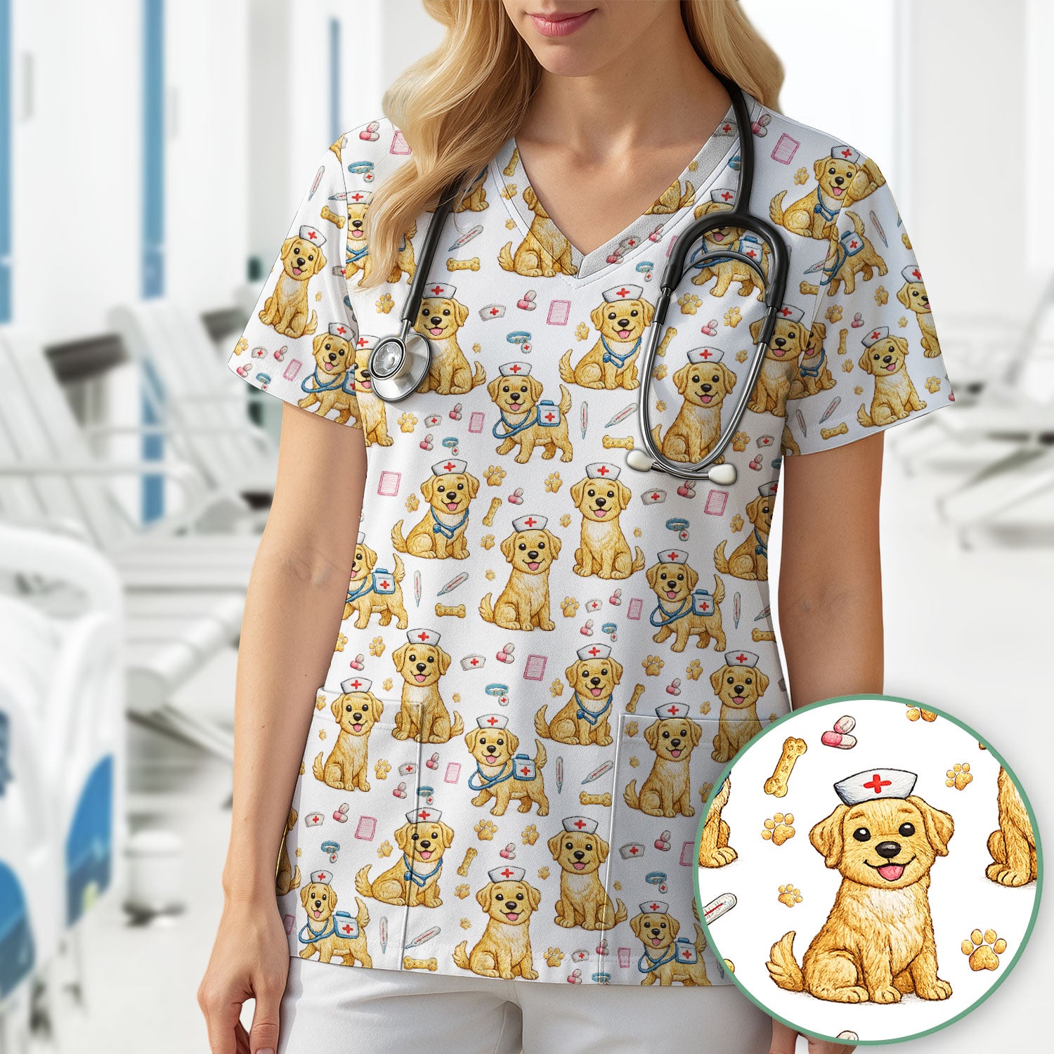Cute Puppy Nurse Medical Print Scrub Top, Comfortable Scrubs for Nurses
