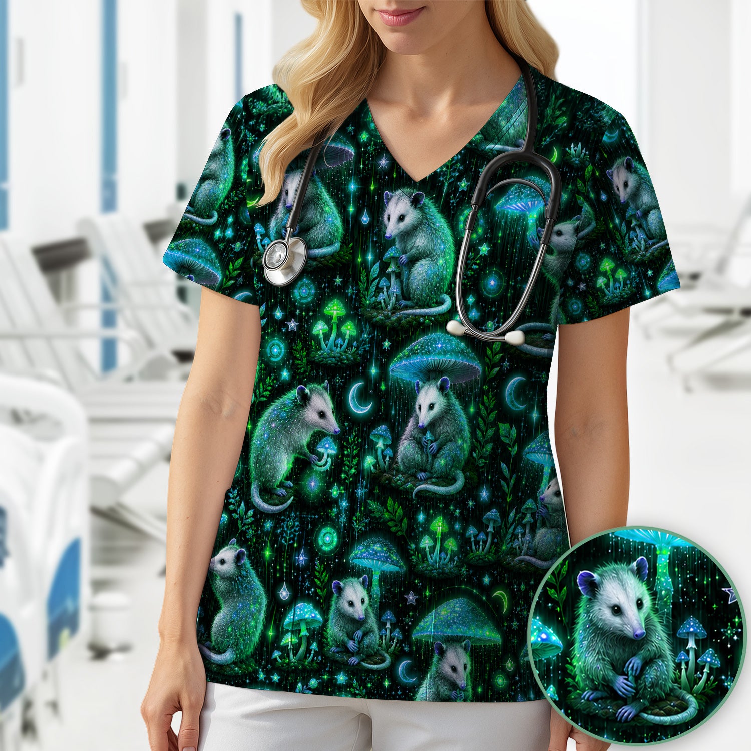 Moonlit Opossum Mushroom Pattern Scrub Top, Comfortable Scrubs for Nurses